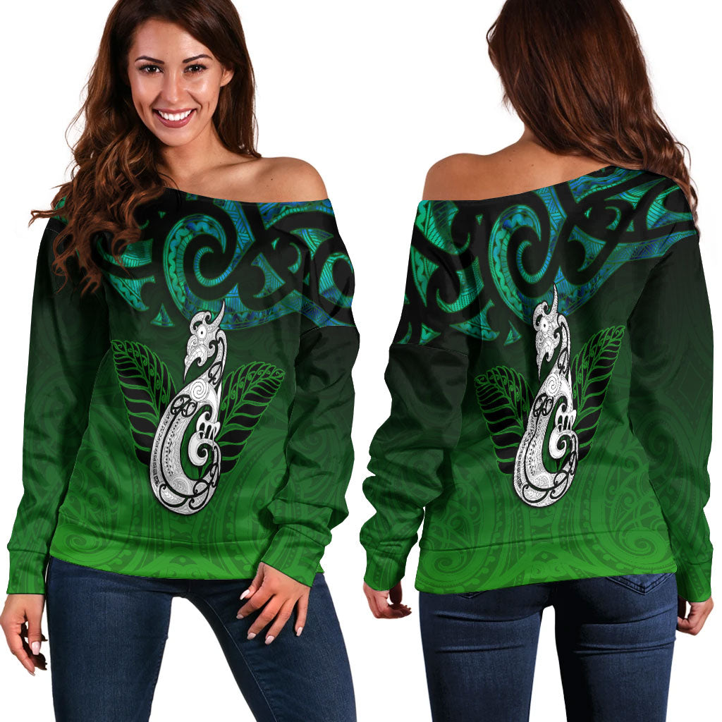 New Zealand Maori Women Off Shoulder Sweater - Paua Shell Green - - Vibe Hoodie Shop