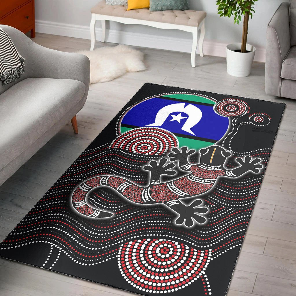 Aboriginal Area Rug - Aboriginal Gecko with Torres Strait Islanders Flag - Vibe Hoodie Shop