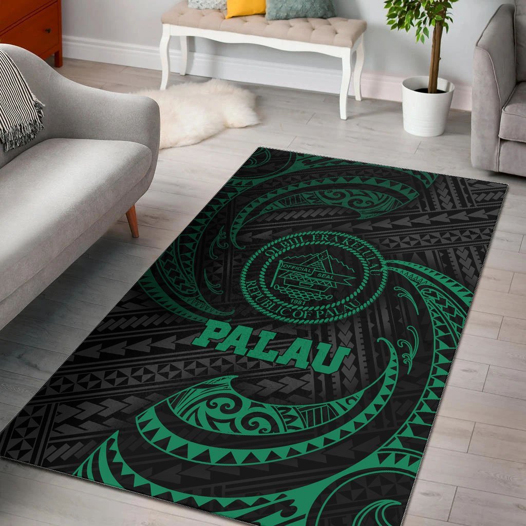 Palau Polynesian Area Rug - Green Tribal Wave - Vibe Hoodie Shop