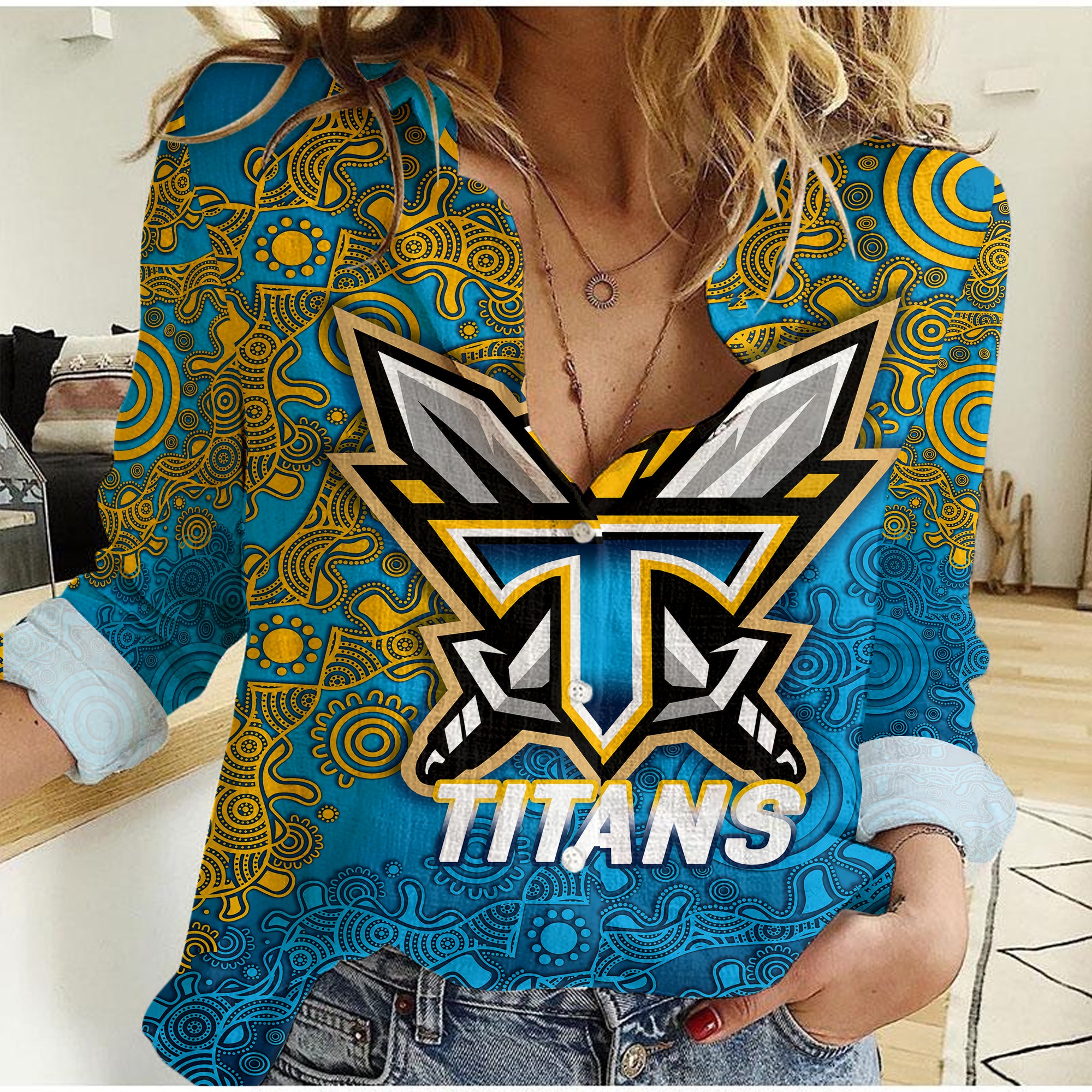 Titans Rugby 2022 Aboriginal Art Women Casual Shirt - - Vibe Hoodie Shop