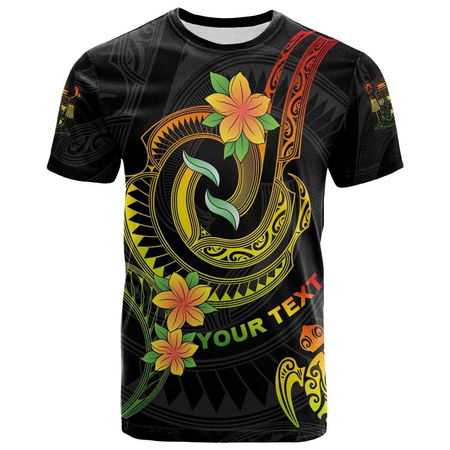 Fiji Custom Personalised T - Shirt - Reggae Plumeria Flowers with Spiral Patterns - Vibe Hoodie Shop
