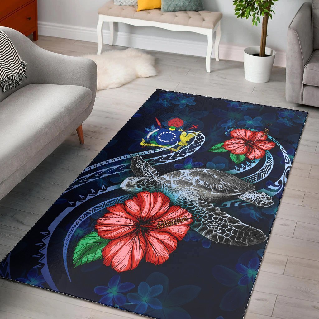 Cook Islands Polynesian Area Rug - Blue Turtle Hibiscus - Vibe Hoodie Shop