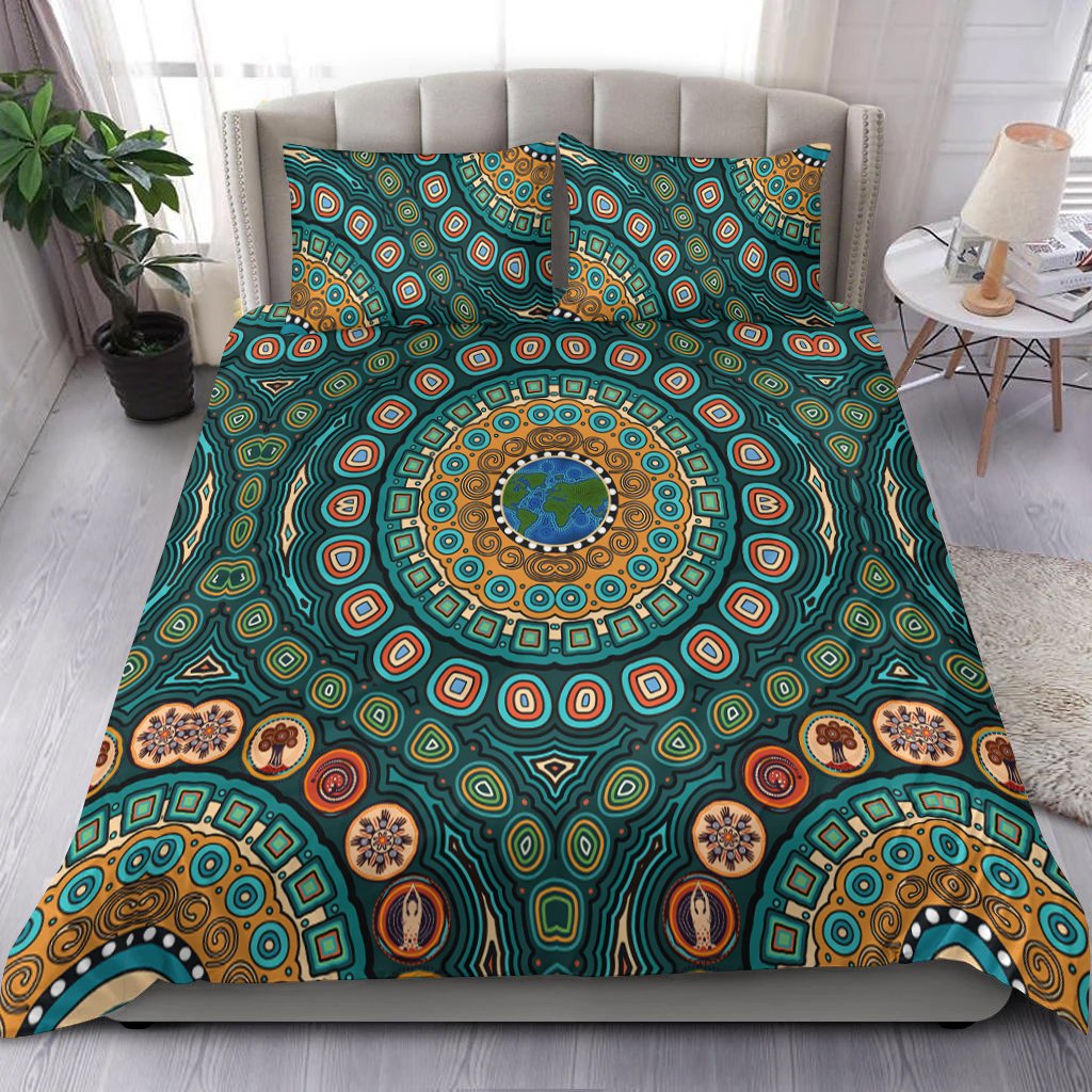 Bedding Set - Aboriginal Green Dot Painting With Earth - Vibe Hoodie Shop