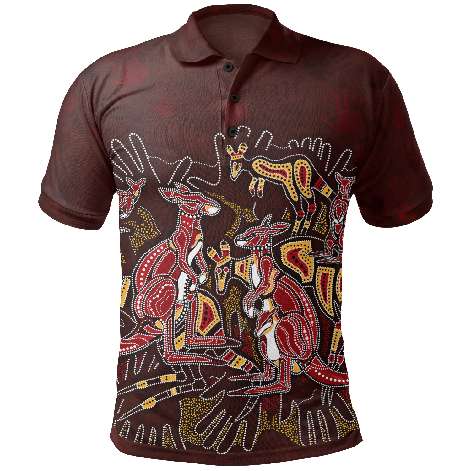 Aboriginal Polo Shirts - Kangaroo family with Hand Art - Vibe Hoodie Shop