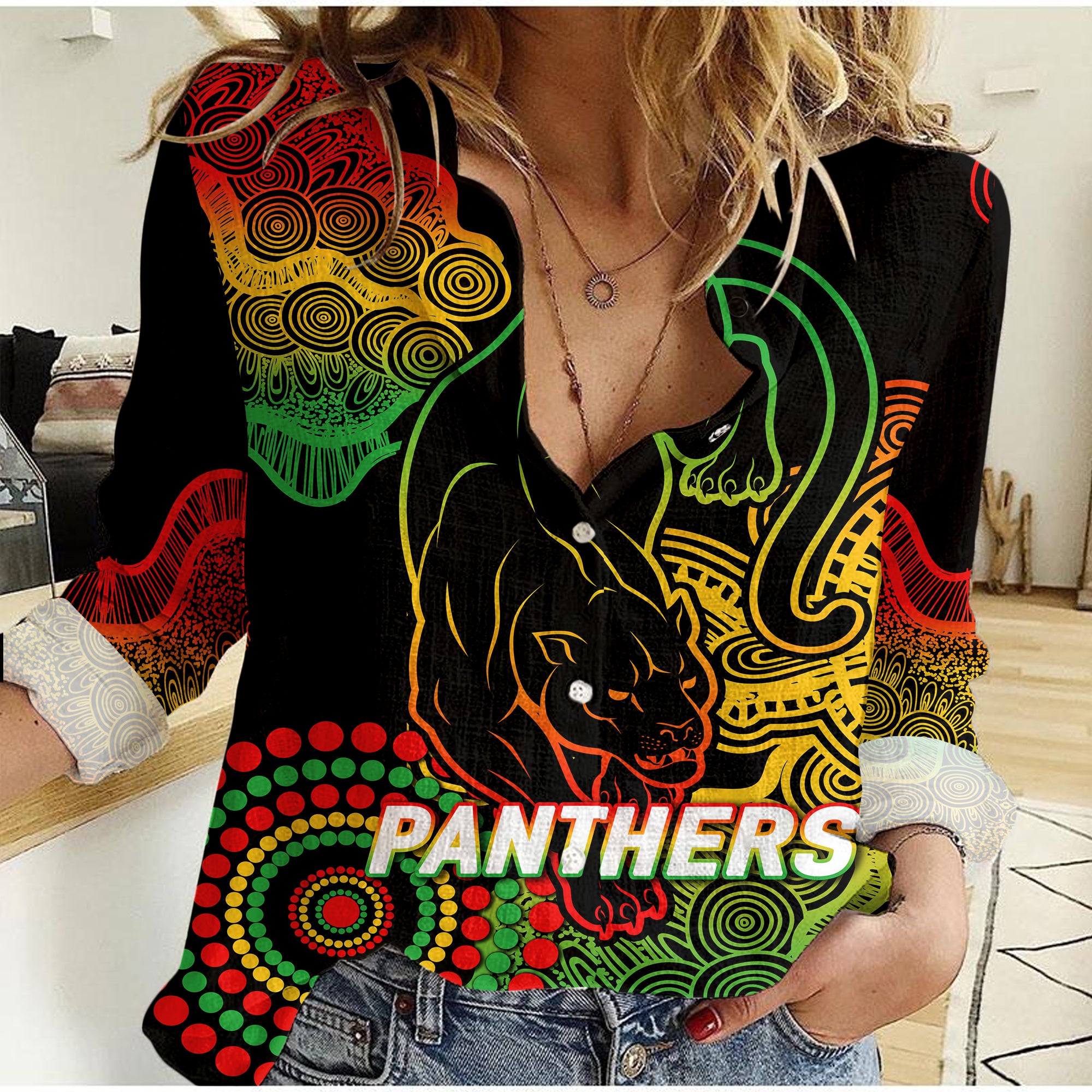 Panthers Rugby 2022 Aboriginal Art Black Women Casual Shirt - - Vibe Hoodie Shop