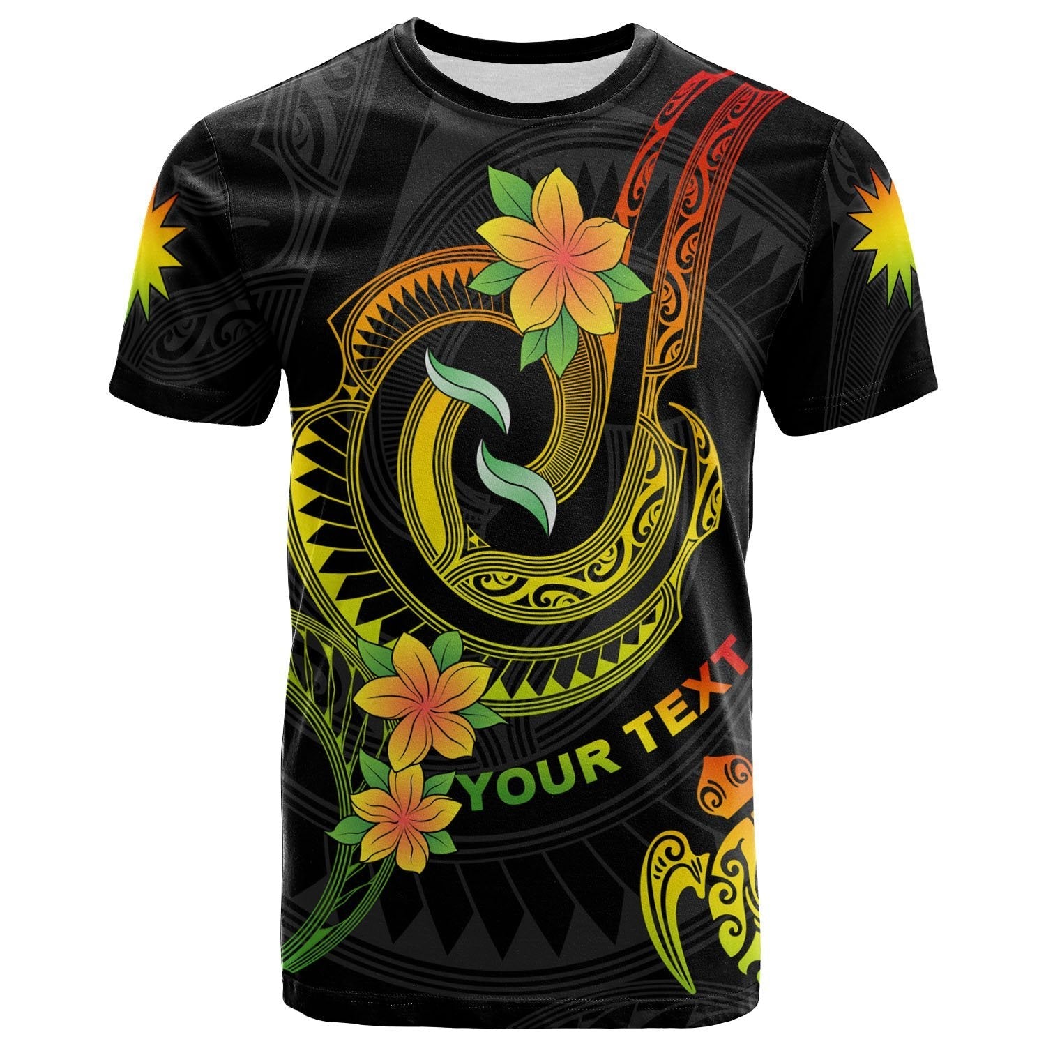 Nauru Custom Personalised T - Shirt - Reggae Plumeria Flowers with Spiral Patterns - Vibe Hoodie Shop