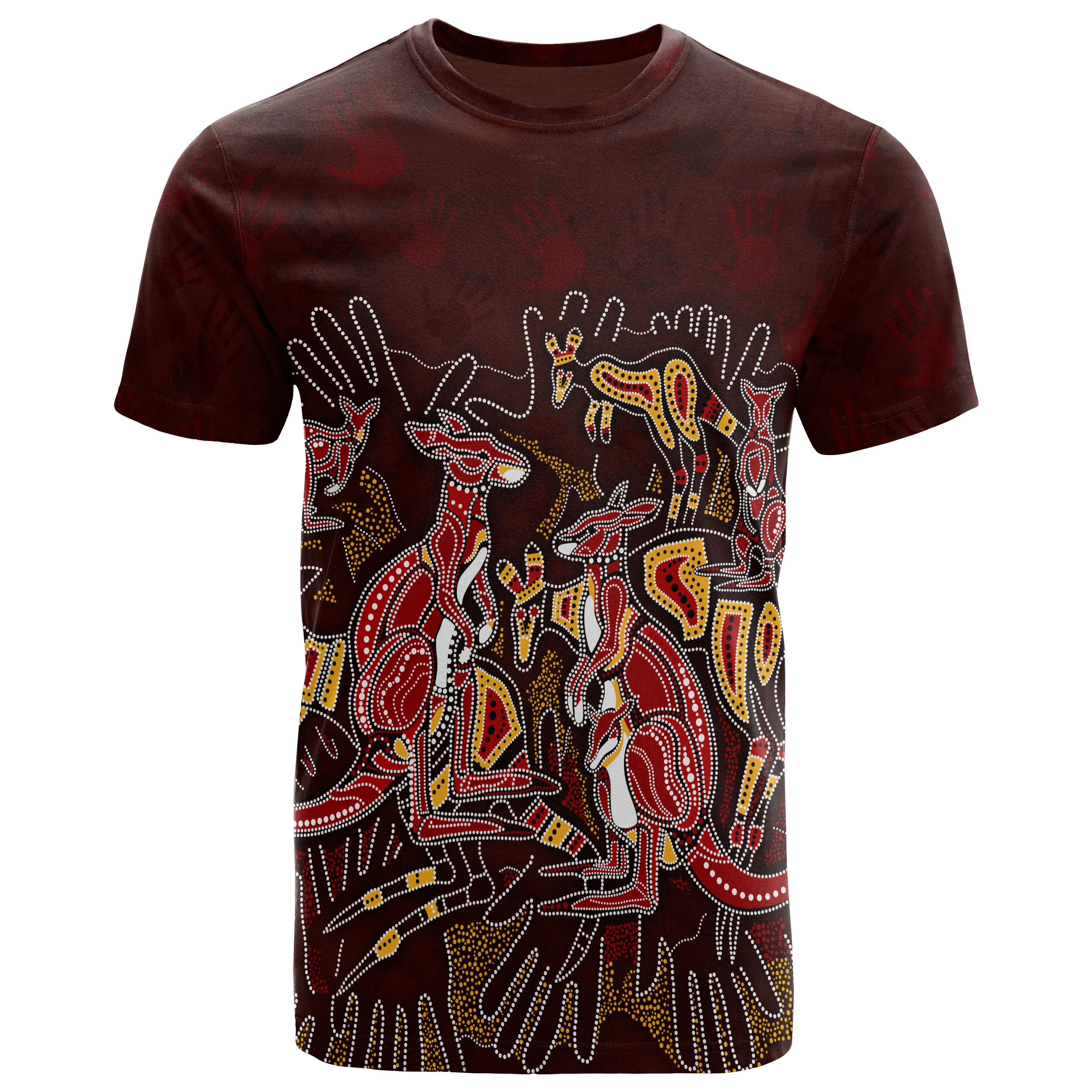 Aboriginal T shirts - Kangaroo family with Hand Art - Vibe Hoodie Shop