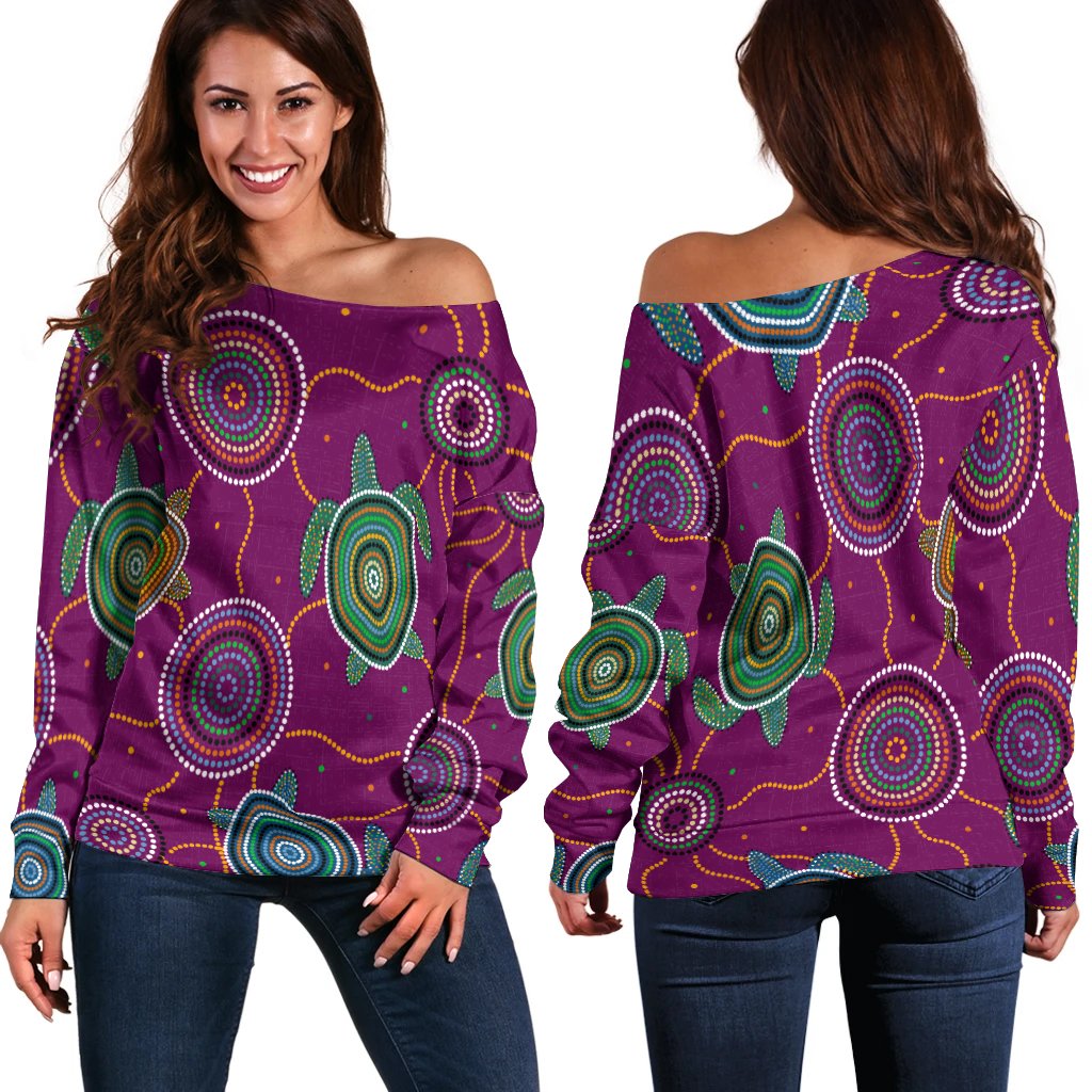Women Off Shoulder - Aboriginal Turtle Purple Australia Dot Patterns - Vibe Hoodie Shop