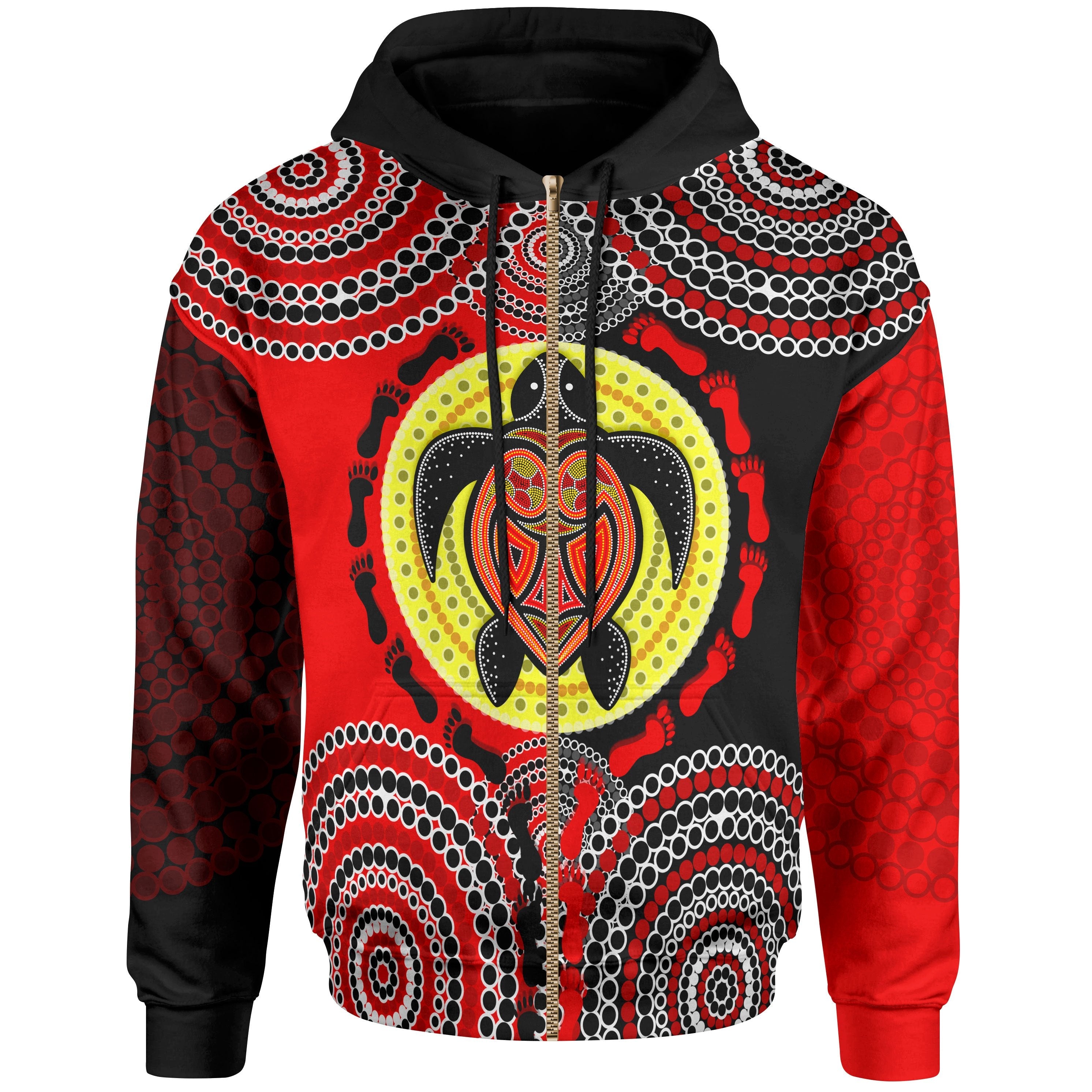 Aboriginal Zip - Up Hoodie, Turtle Footprint Circle Dot Painting - Vibe Hoodie Shop