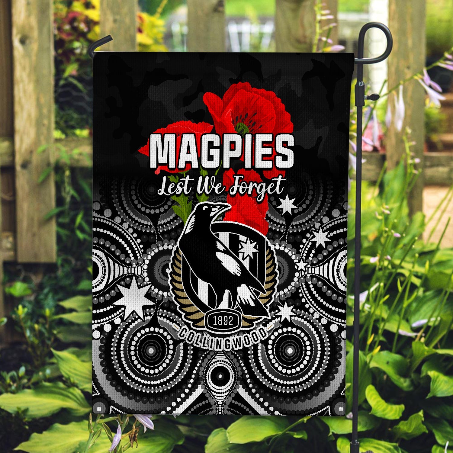 Magpies Football ANZAC Day Flag Aboriginal Poppy Flowers - Vibe Hoodie Shop