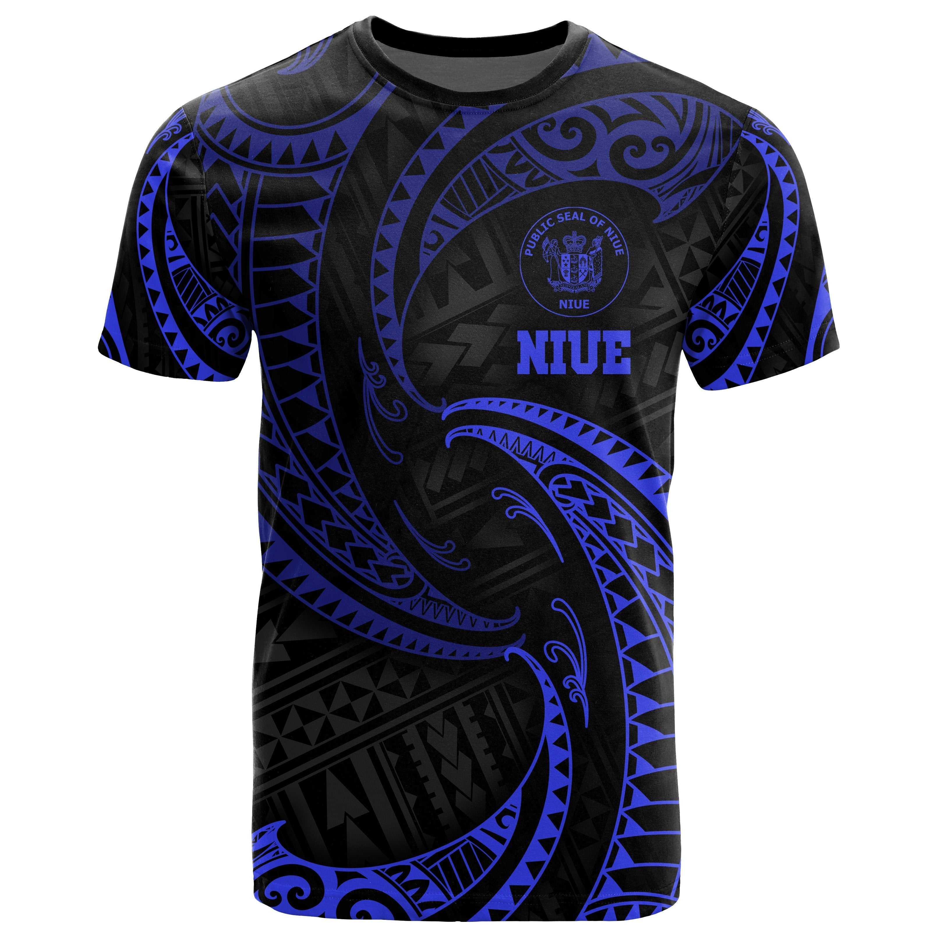 Niue Polynesian All Over T shirt - Blue Tribal Wave - Vibe Hoodie Shop