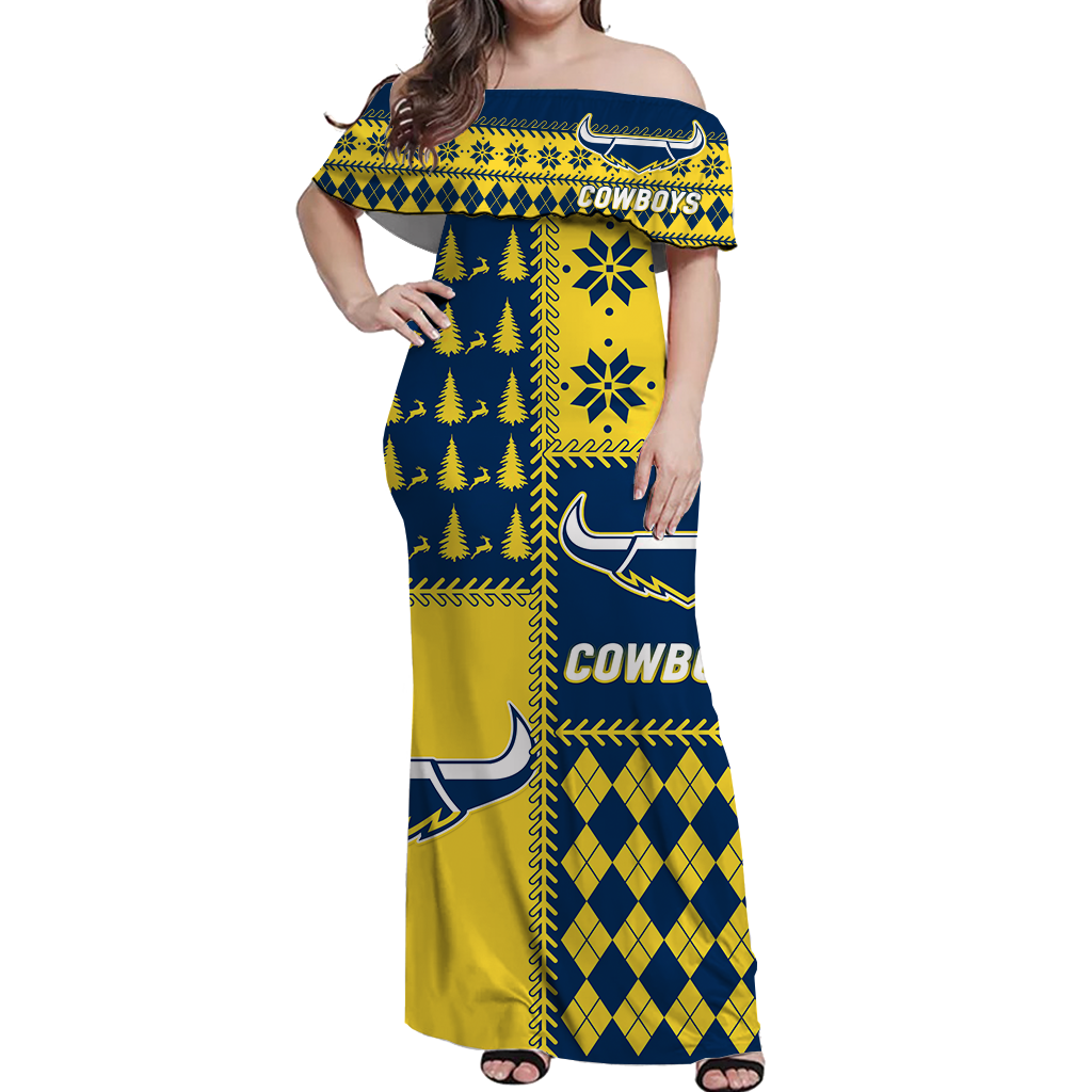 Cowboys Rugby Christmas 2022 Style Off Shoulder Long Dress - - Vibe Hoodie Shop