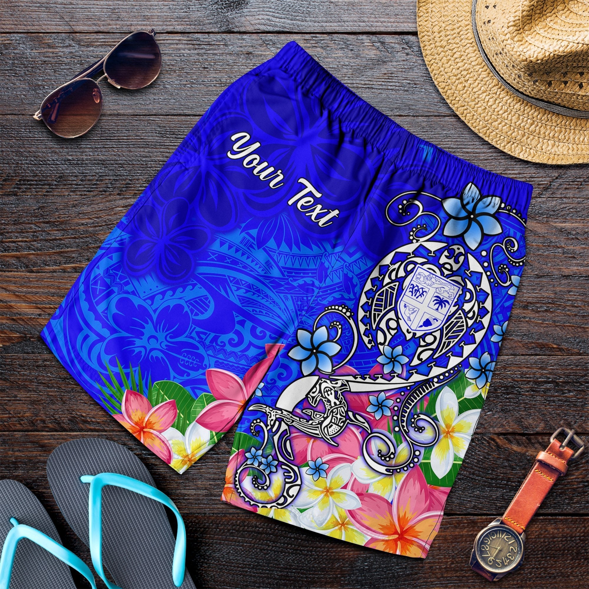 Fiji Custom Personalised Men's Shorts - Turtle Plumeria (Blue) - Vibe Hoodie Shop