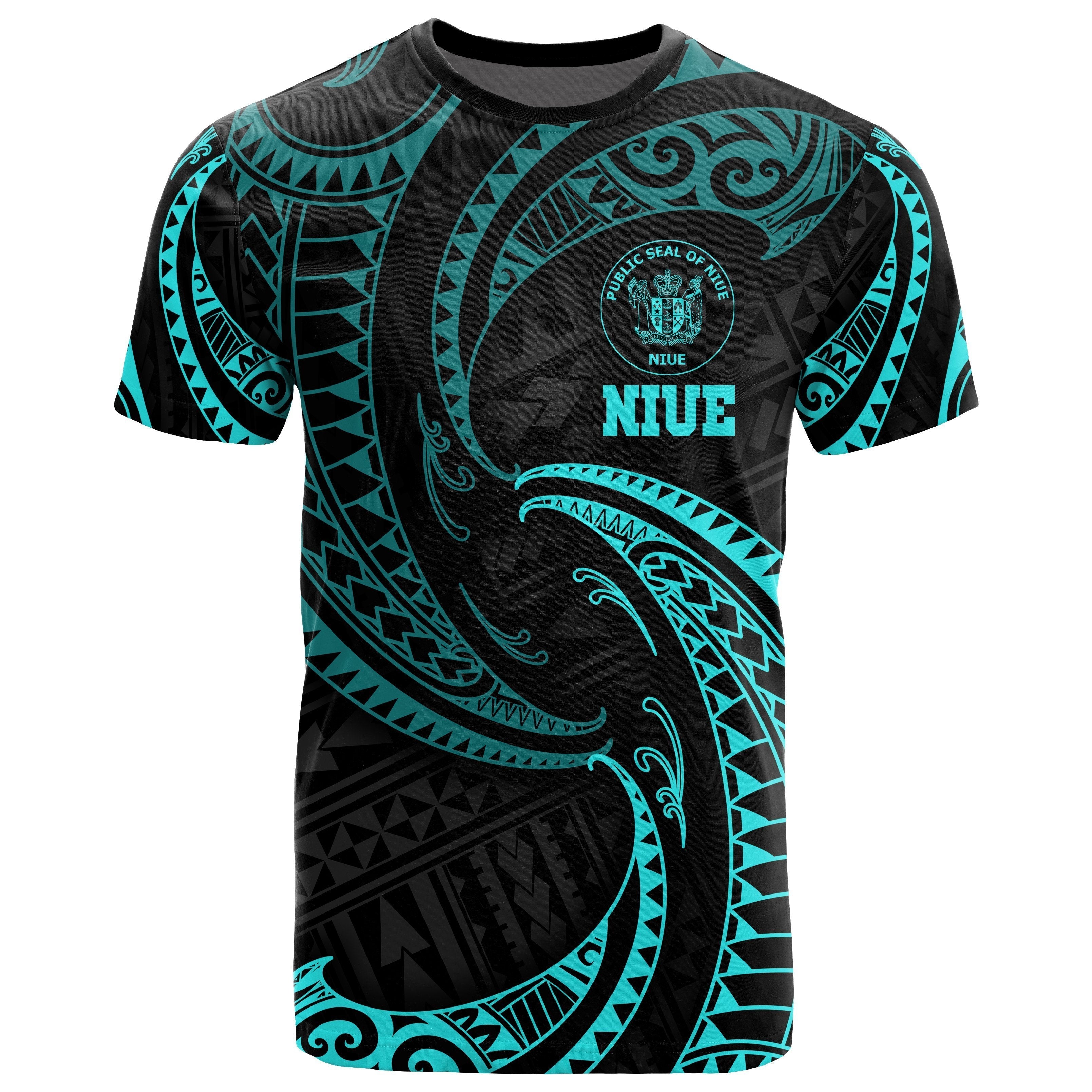 Niue Polynesian All Over T shirt - Neon Blue Tribal Wave - Vibe Hoodie Shop