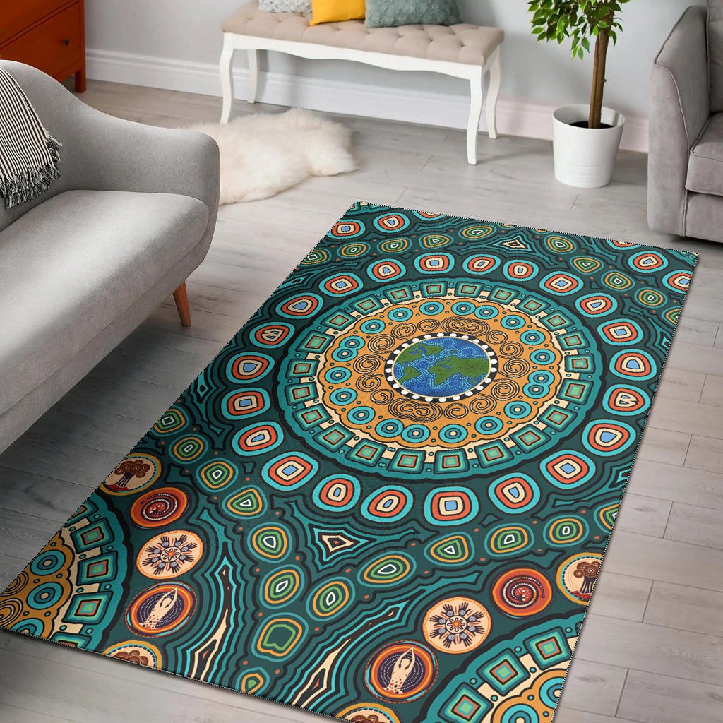 Area Rug - Aboriginal Green Dot Painting With Earth - Vibe Hoodie Shop