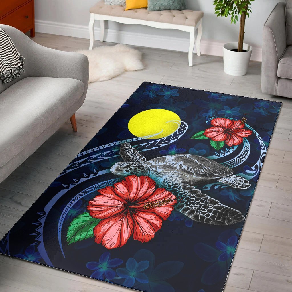 Palau Polynesian Area Rug - Blue Turtle Hibiscus - Vibe Hoodie Shop