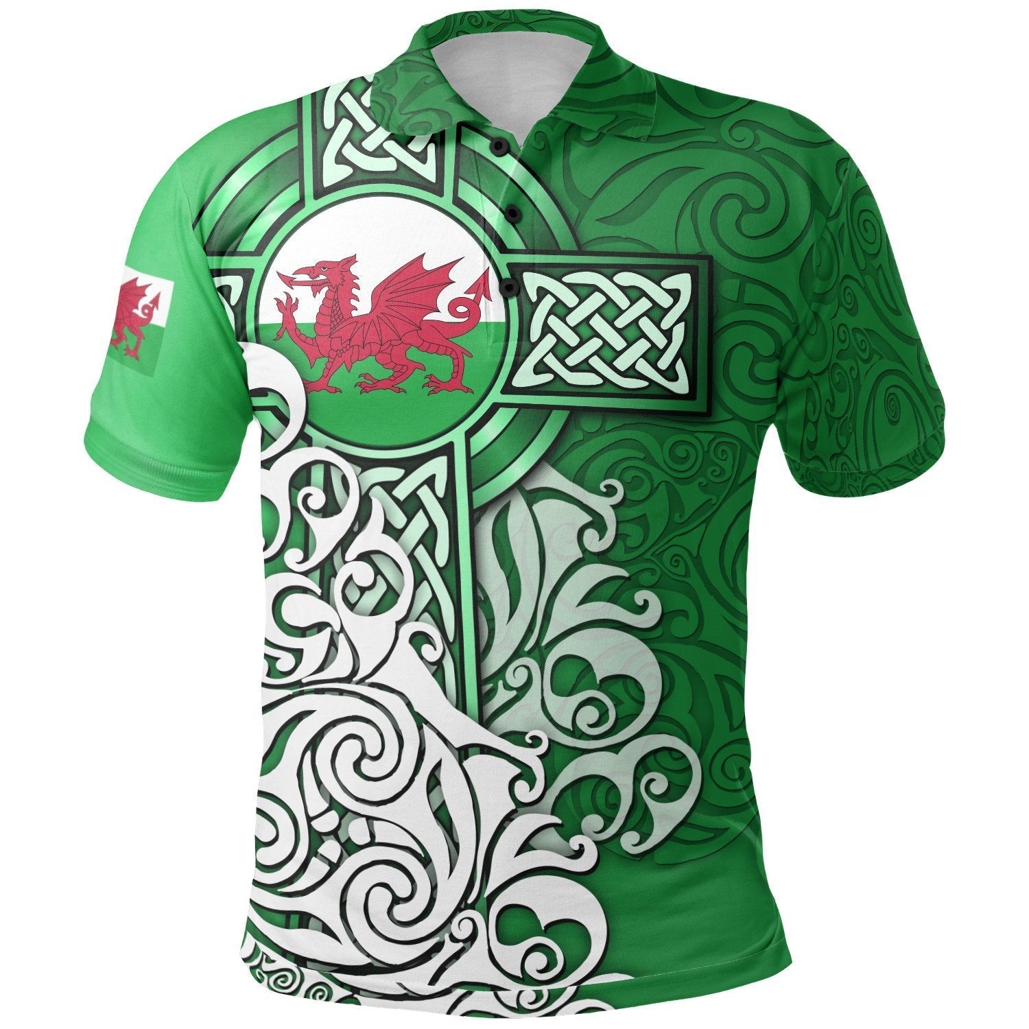 Wales Celtic POLO - Welsh Dragon Flag with Celtic Cross (Green) - Vibe Hoodie Shop