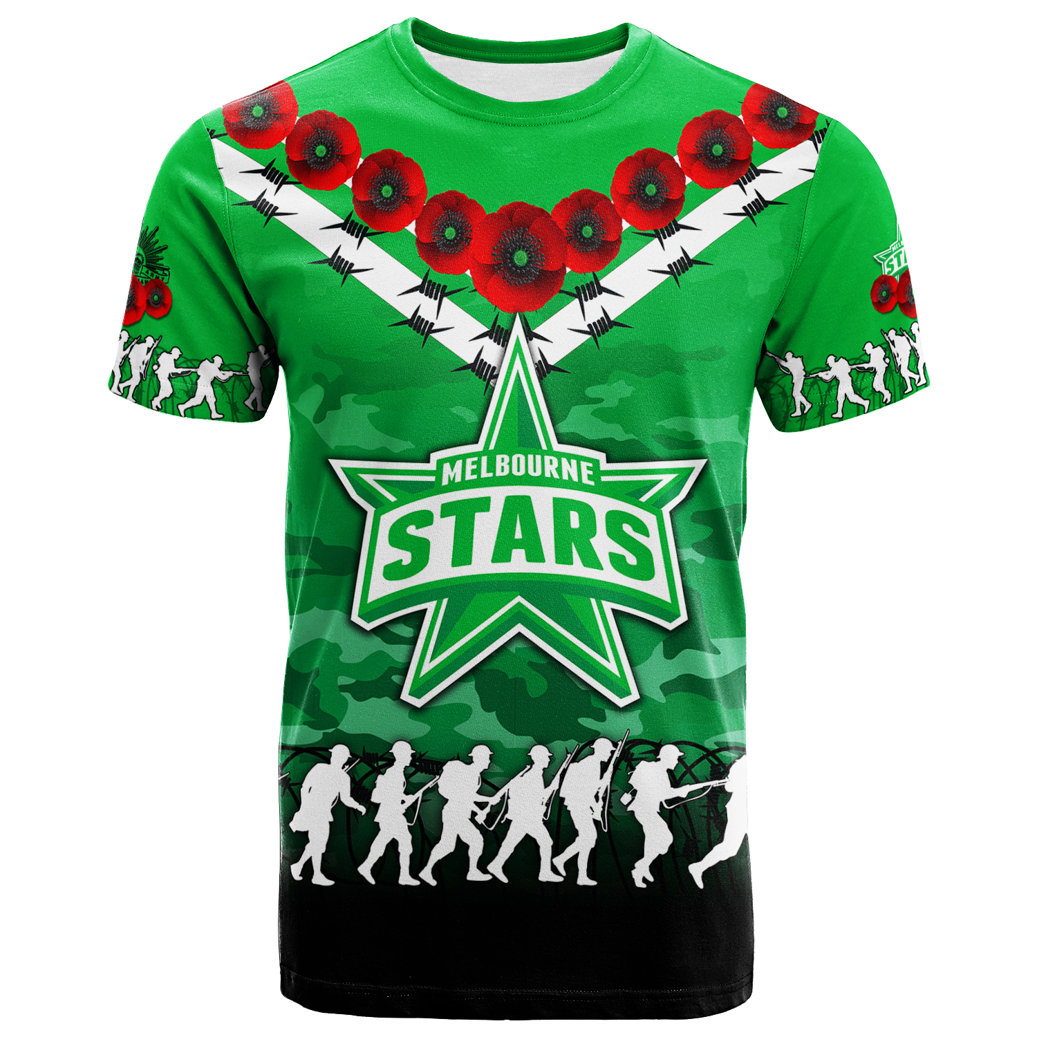 (Custom Personalised) Melbourne Stars ANZAC 2022 T shirt Camouflage With Poppy - - Vibe Hoodie Shop