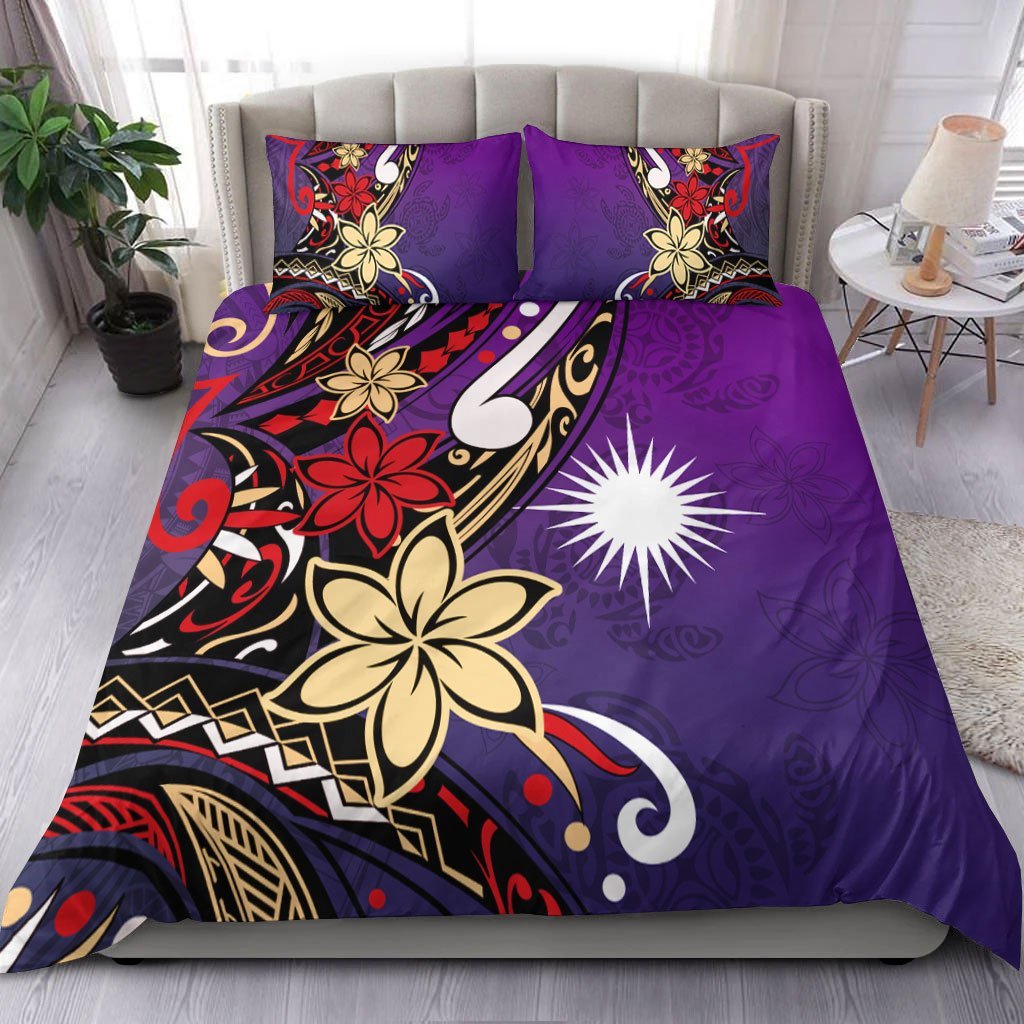 Marshall Islands Bedding Set - Tribal Flower With Special Turtles Purple Color - Vibe Hoodie Shop
