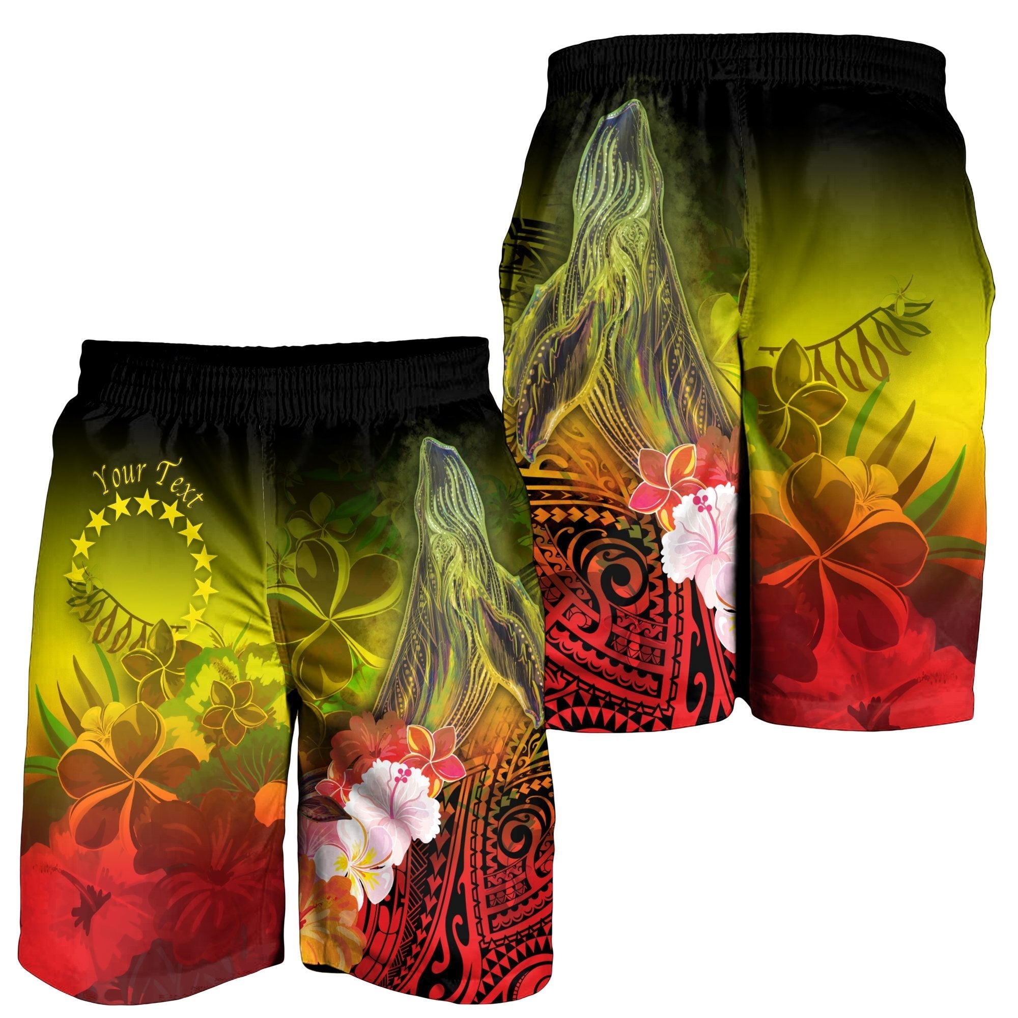 Cook Islands Custom Personalised Men's Shorts - Humpback Whale with Tropical Flowers (Yellow) - Vibe Hoodie Shop