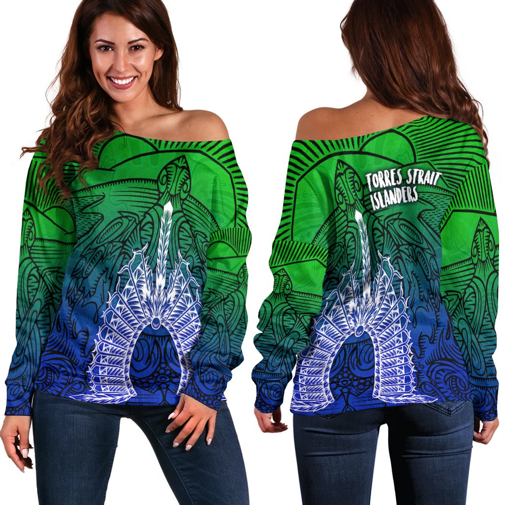 Torres Strait Islanders Women's Off Shoulder Sweater - Turtle and Dhari Mask - Vibe Hoodie Shop