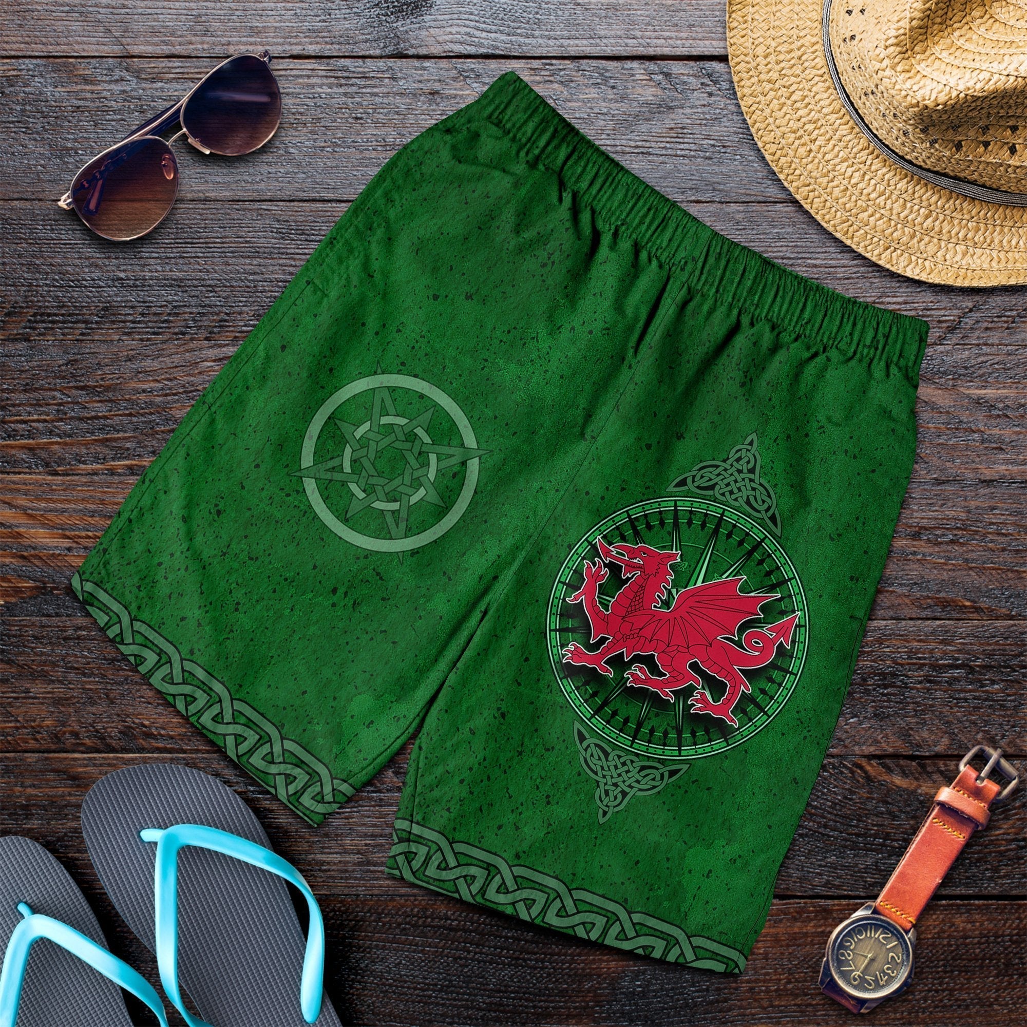 Wales Celtic Shorts Men - Celtic Compass With Welsh Dragon - Vibe Hoodie Shop