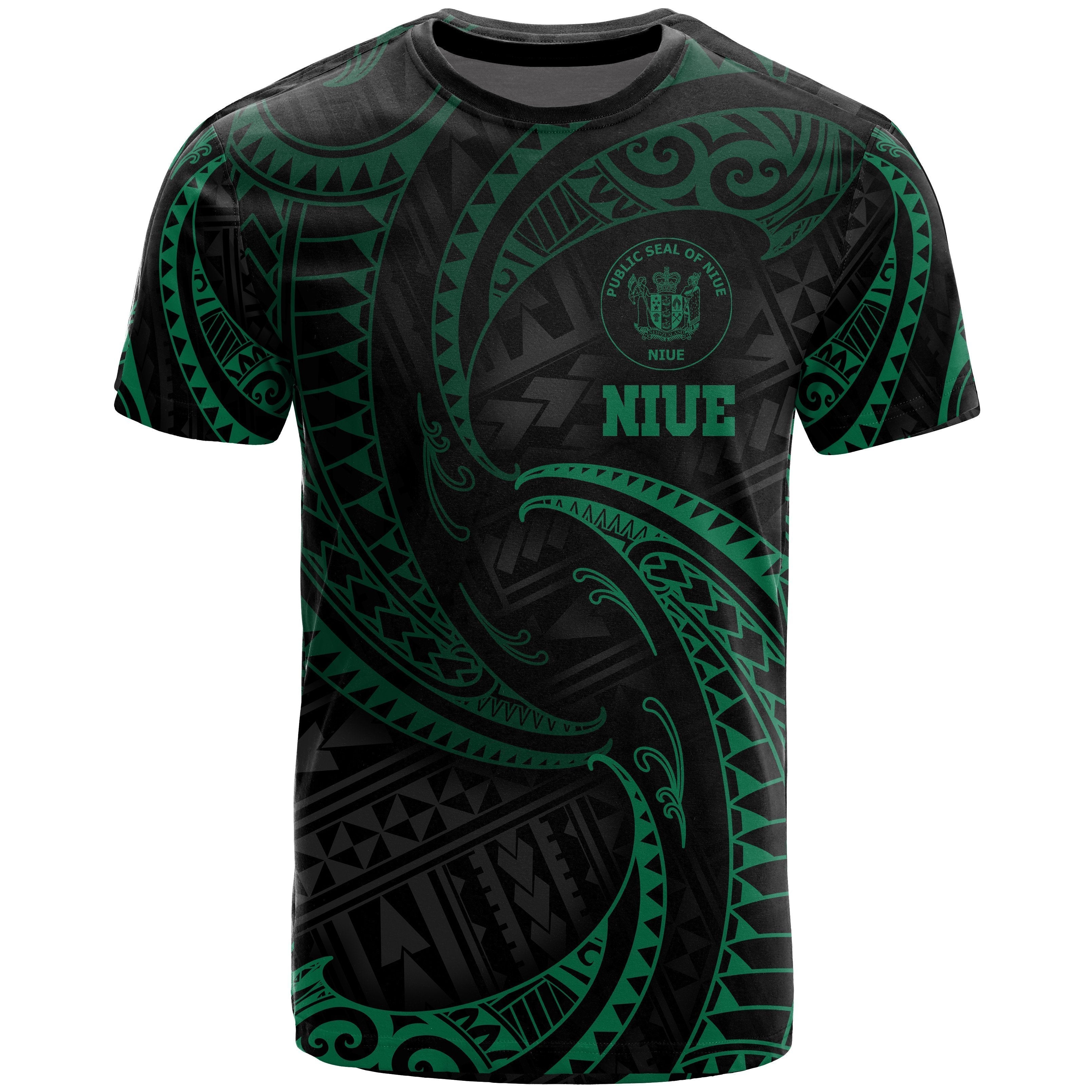 Niue Polynesian All Over T shirt - Green Tribal Wave - Vibe Hoodie Shop