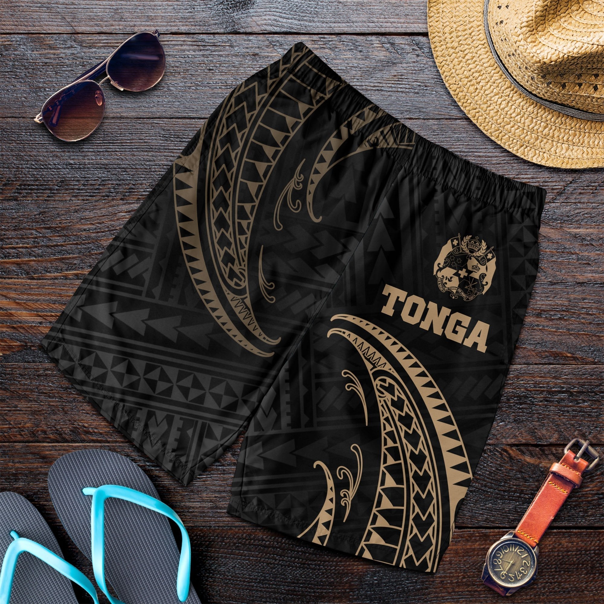 Tonga Polynesian Men's Short - Gold Tribal Wave - Vibe Hoodie Shop