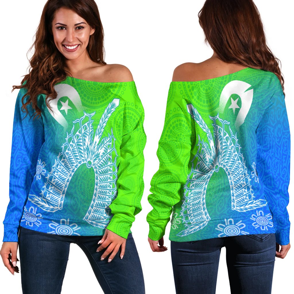 Torres Strait Islanders Women's Off Shoulder Sweater - Dhari Mask Ocean Style - Vibe Hoodie Shop