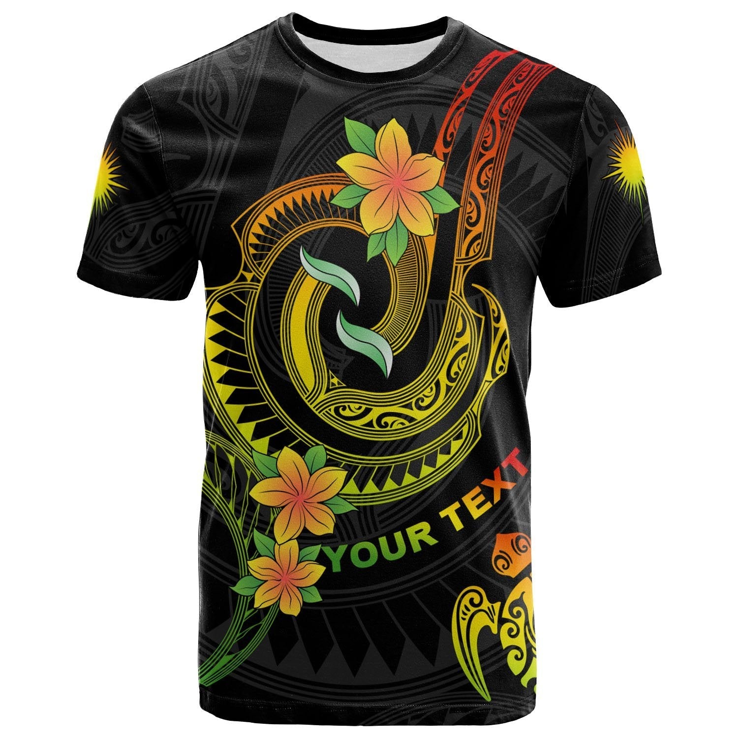 Marshall Islands Custom Personalised T - Shirt - Reggae Plumeria Flowers with Spiral Patterns - Vibe Hoodie Shop