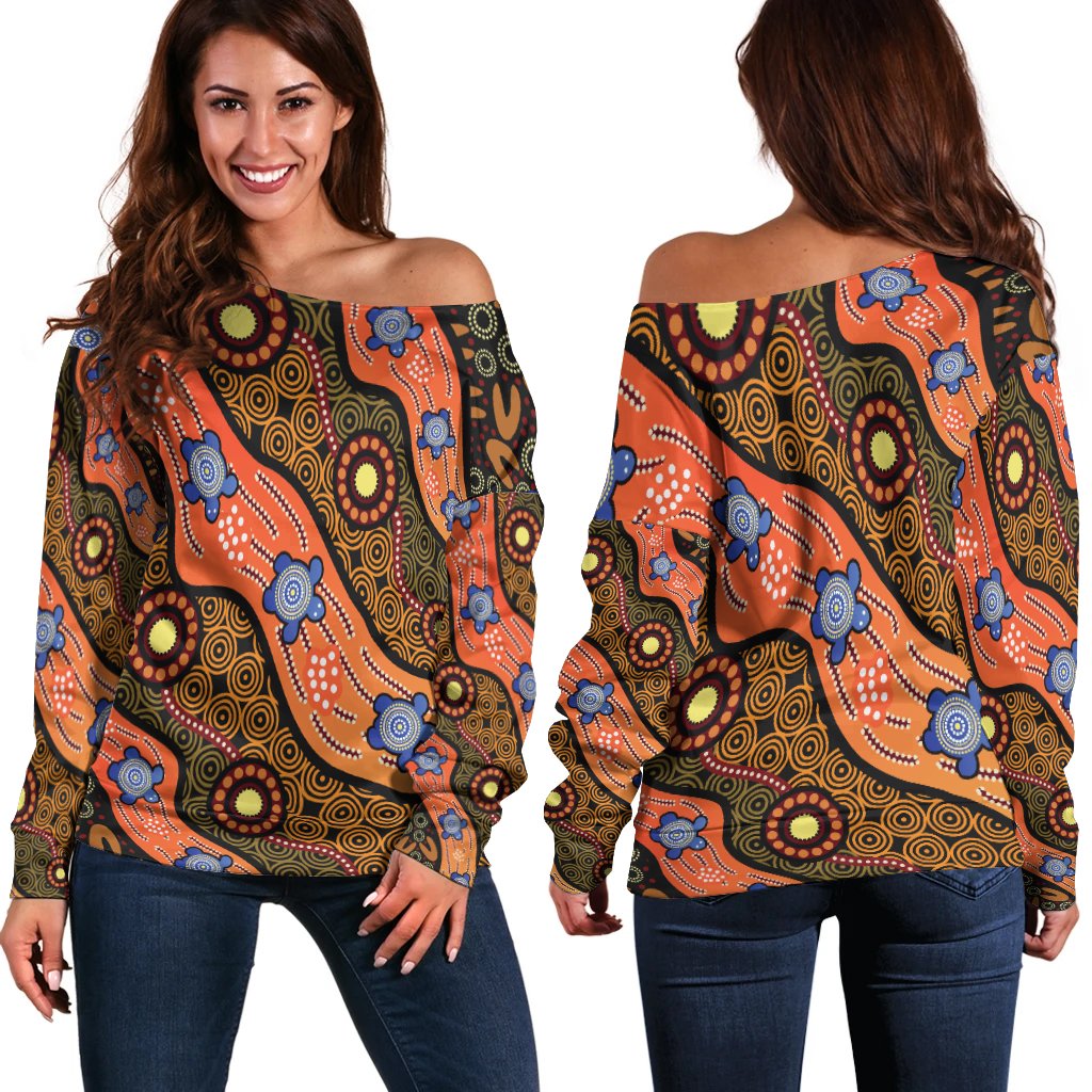 Off Shoulder Sweater - Aboriginal Dot Unique Style Turtle - Vibe Hoodie Shop