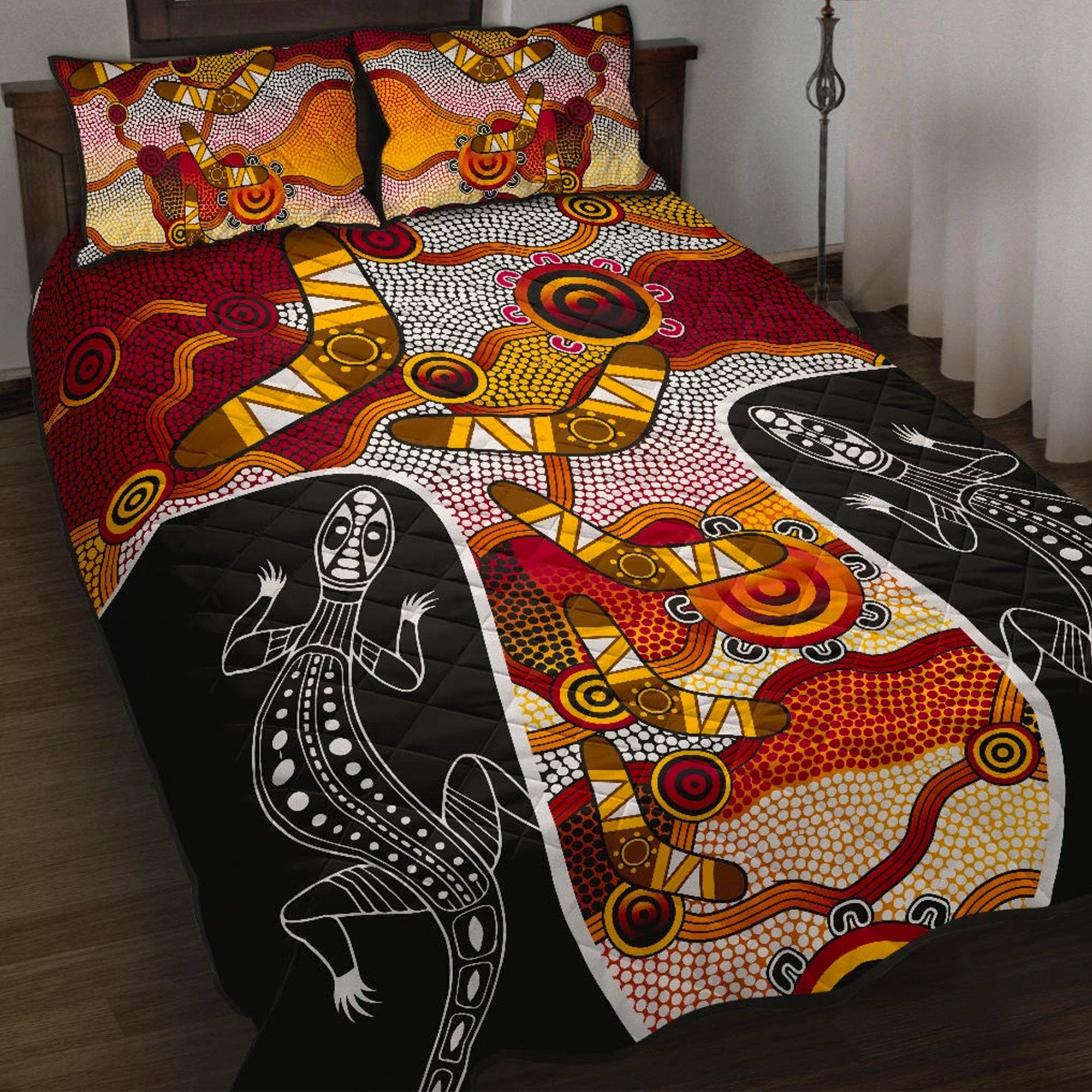 Aboriginal Quilt Cover Set, Dot Painting Lizard Boomerang Patterns - Vibe Hoodie Shop