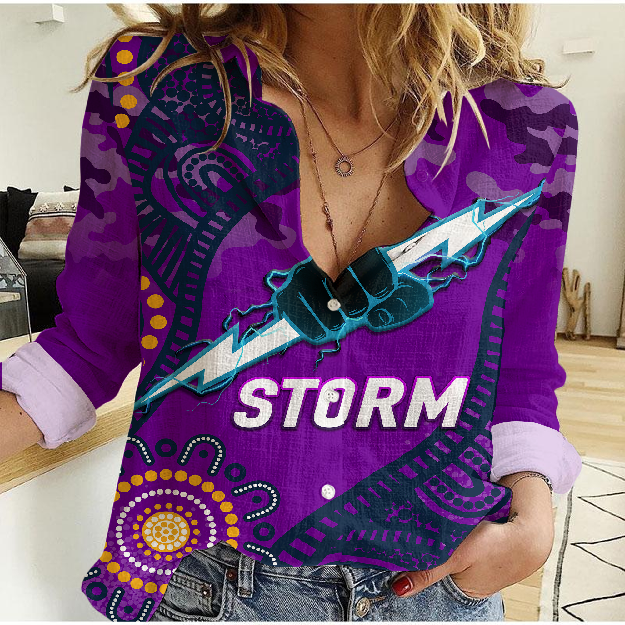 (Custom Personalised) Storm Rugby ANZAC Day Camouflage Indigenous Art Women Casual Shirt - - Vibe Hoodie Shop