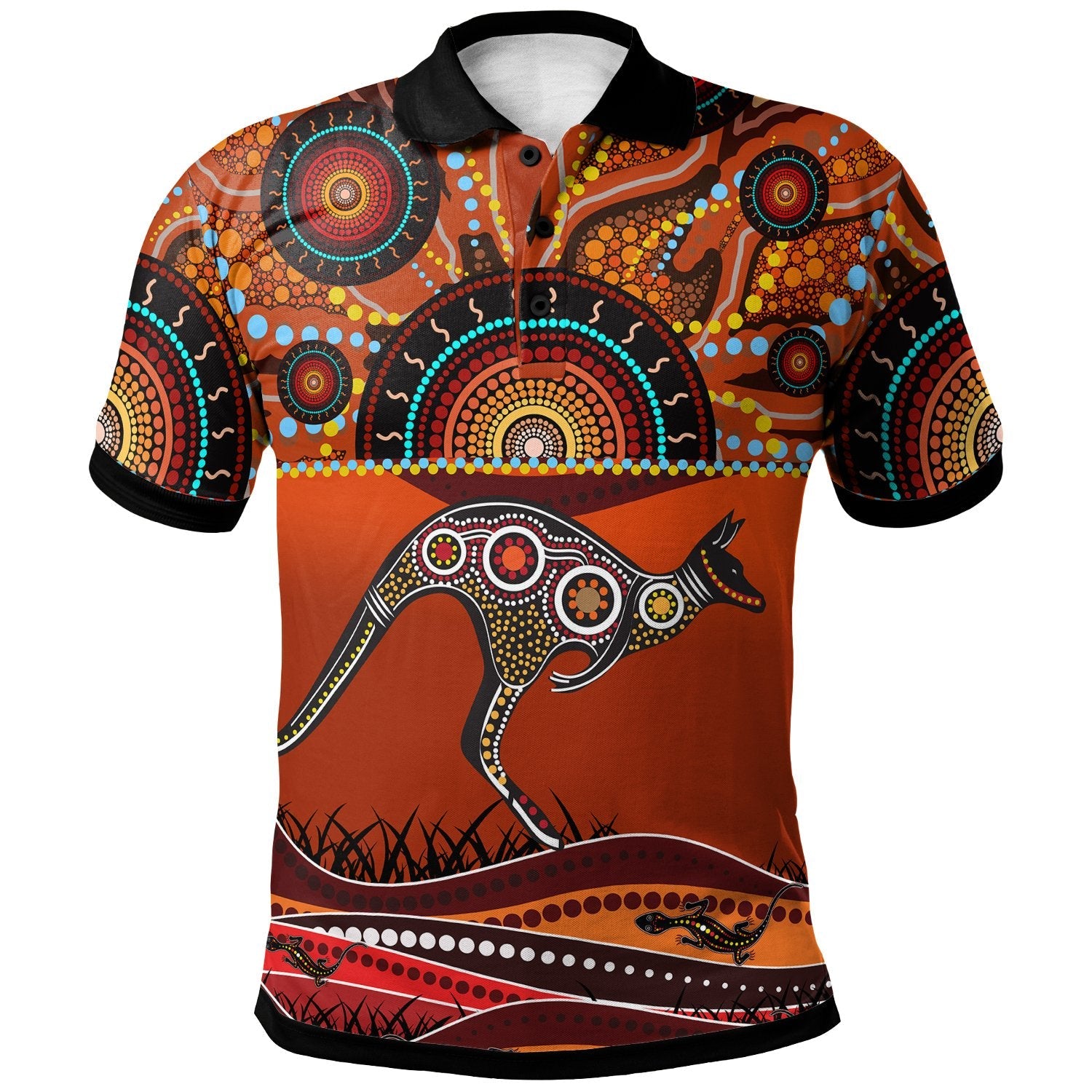 Aboriginal Polo Shirt - Kangaroo With Dot Painting - Vibe Hoodie Shop