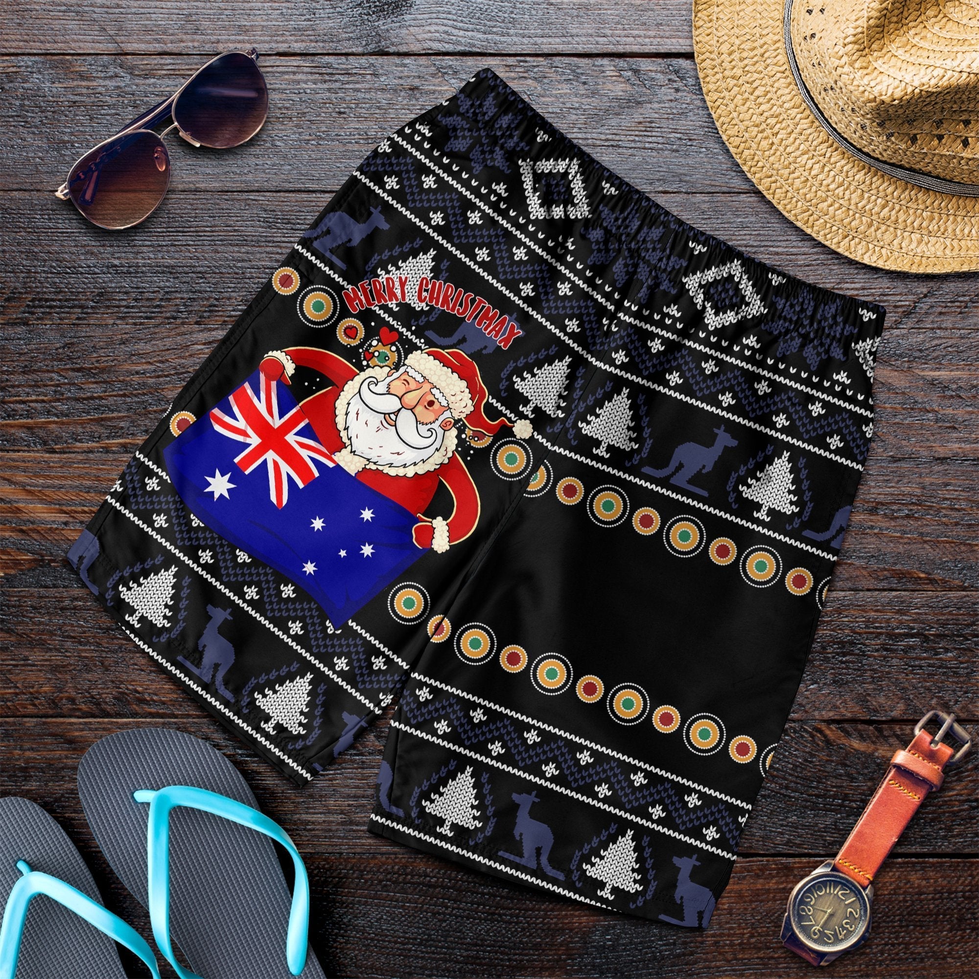 Christmas Men's Short - Australia Santa Claus Hold The Flag (Black) - Vibe Hoodie Shop