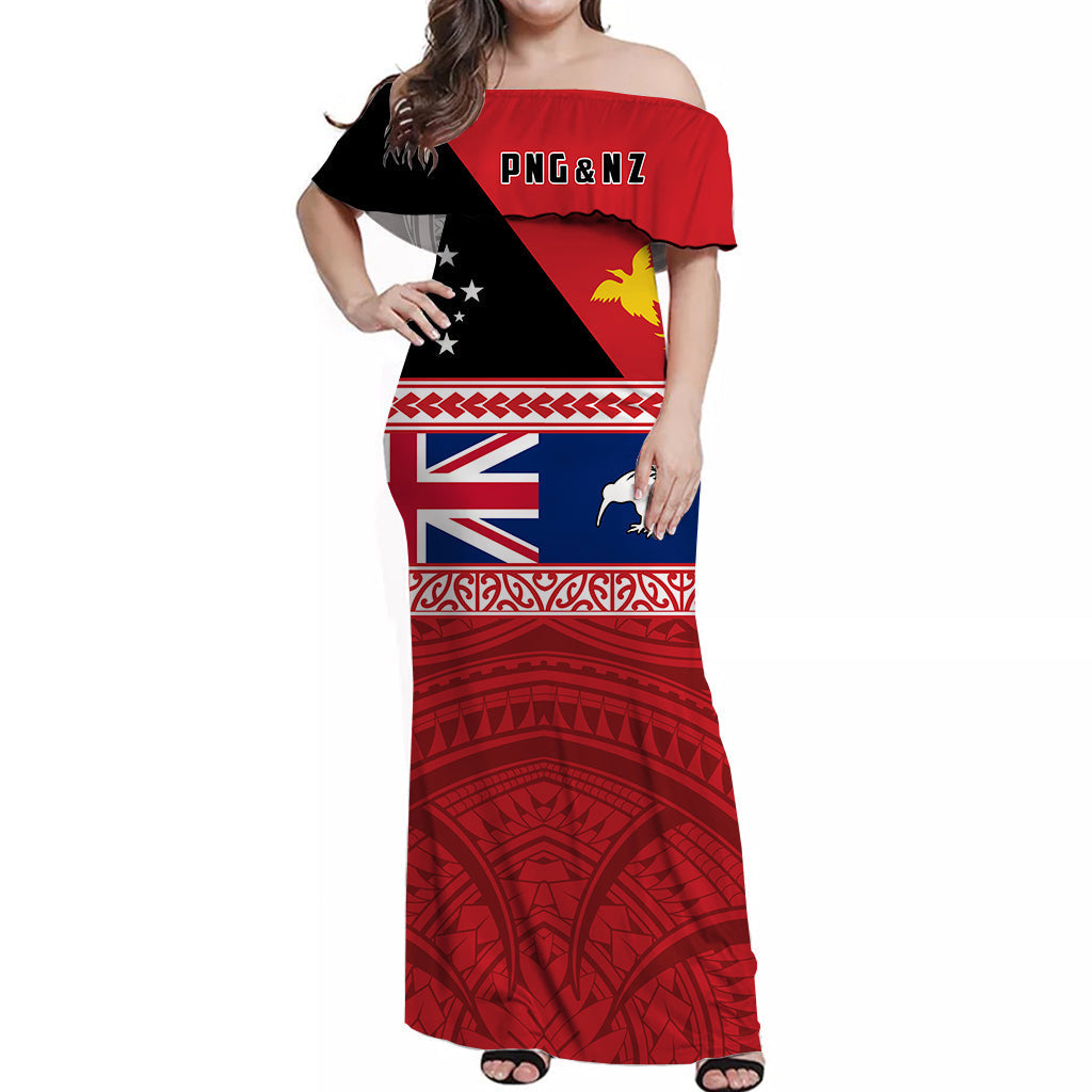 (Custom Personalised) Papua New Guinea and New Zealand Off Shoulder Long Dress Polynesian PNG and NZ - Vibe Hoodie Shop