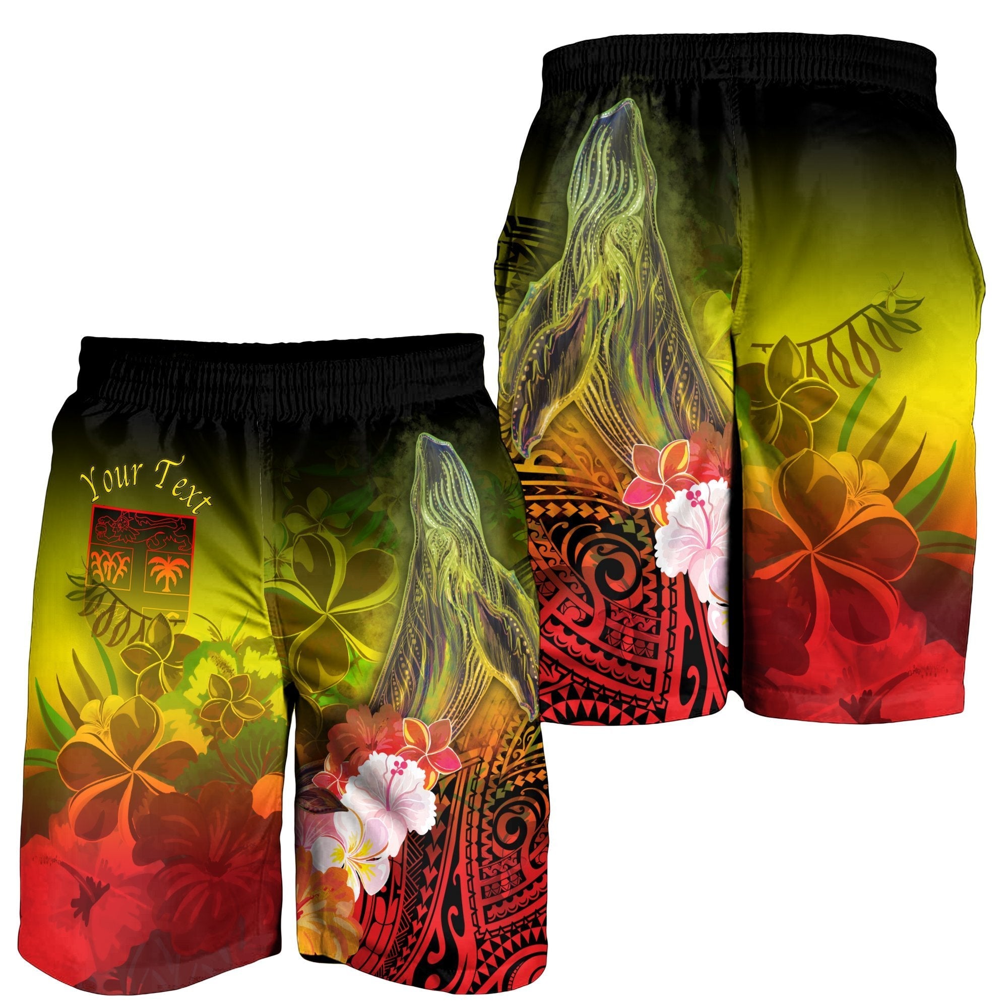 Fiji Custom Personalised Men's Shorts - Humpback Whale with Tropical Flowers (Yellow) - Vibe Hoodie Shop