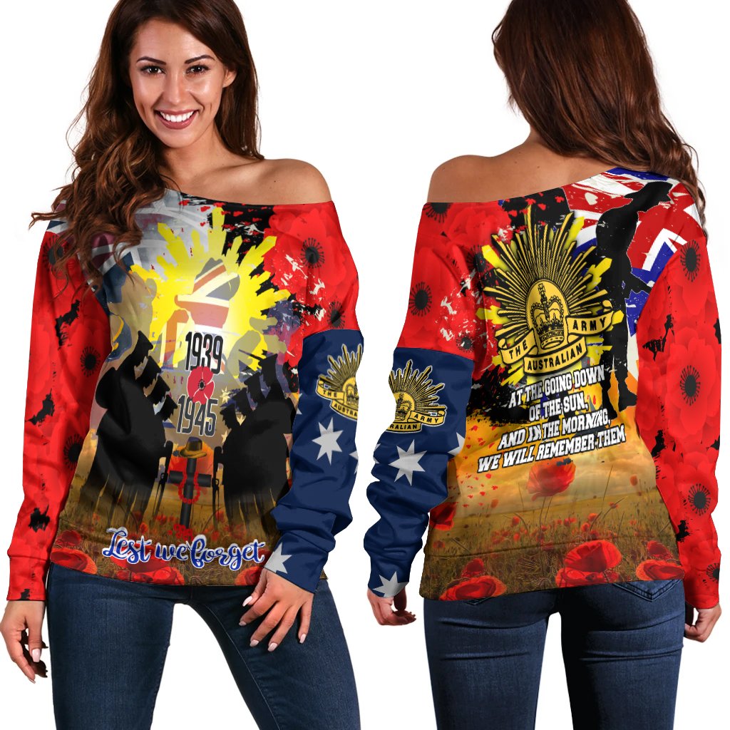 Off Shoulder Sweater - ANZAC Day 2021 World War II Commemoration 1939 - 1945 - Vibe Hoodie Shop