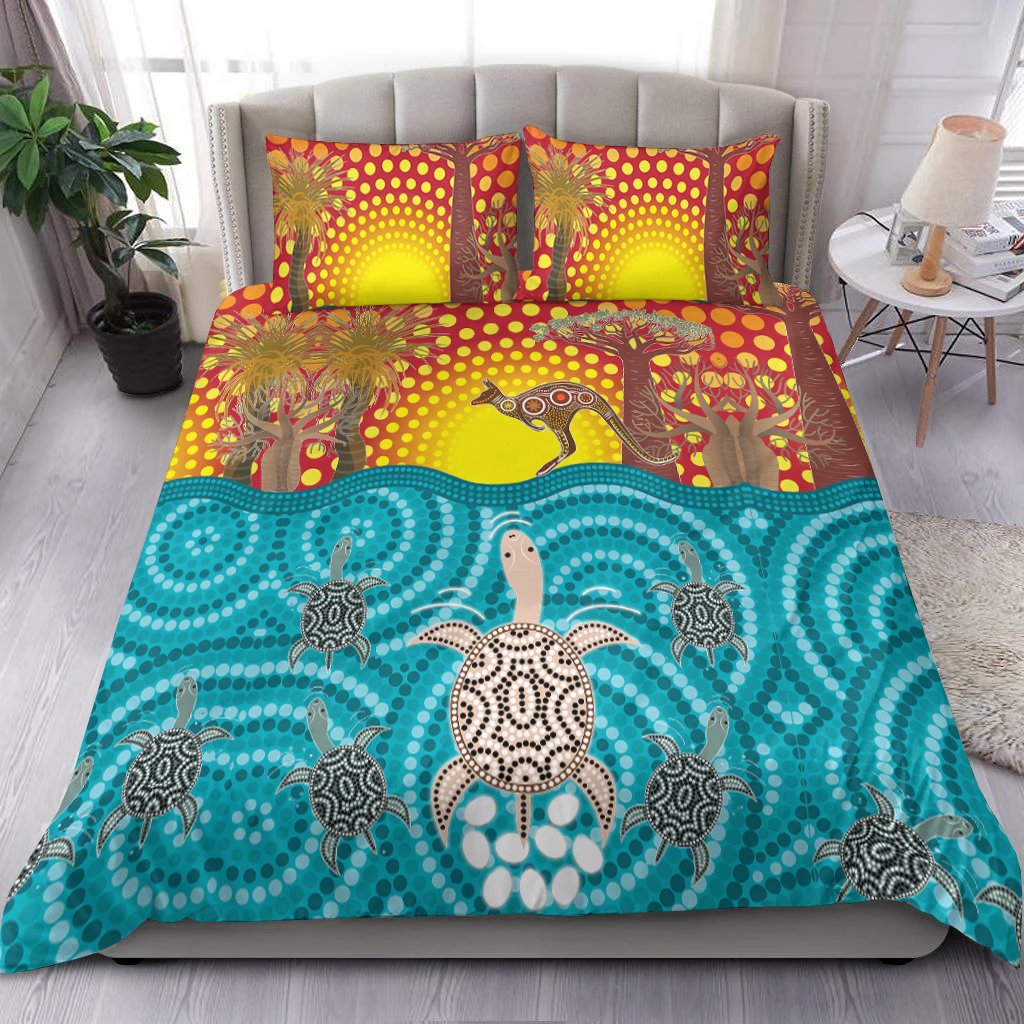 Aboriginal Bedding Set - Turtle and Kangaroo - Aboriginal Life - Vibe Hoodie Shop