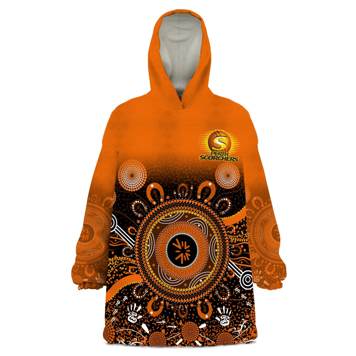 (Custom Text and Number) Perth Scorchers Wearable Blanket Hoodie Aboriginal Sunshine - Vibe Hoodie Shop