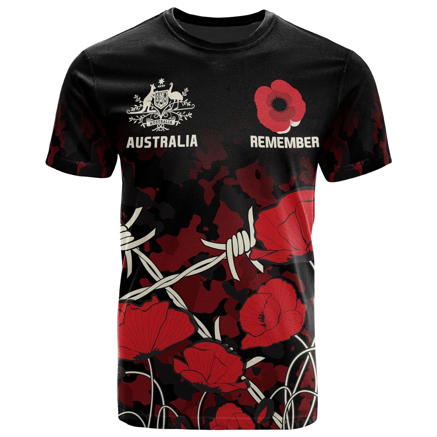 ANZAC T shirt - ANZAC with Remembrance Poppy Flower - Vibe Hoodie Shop