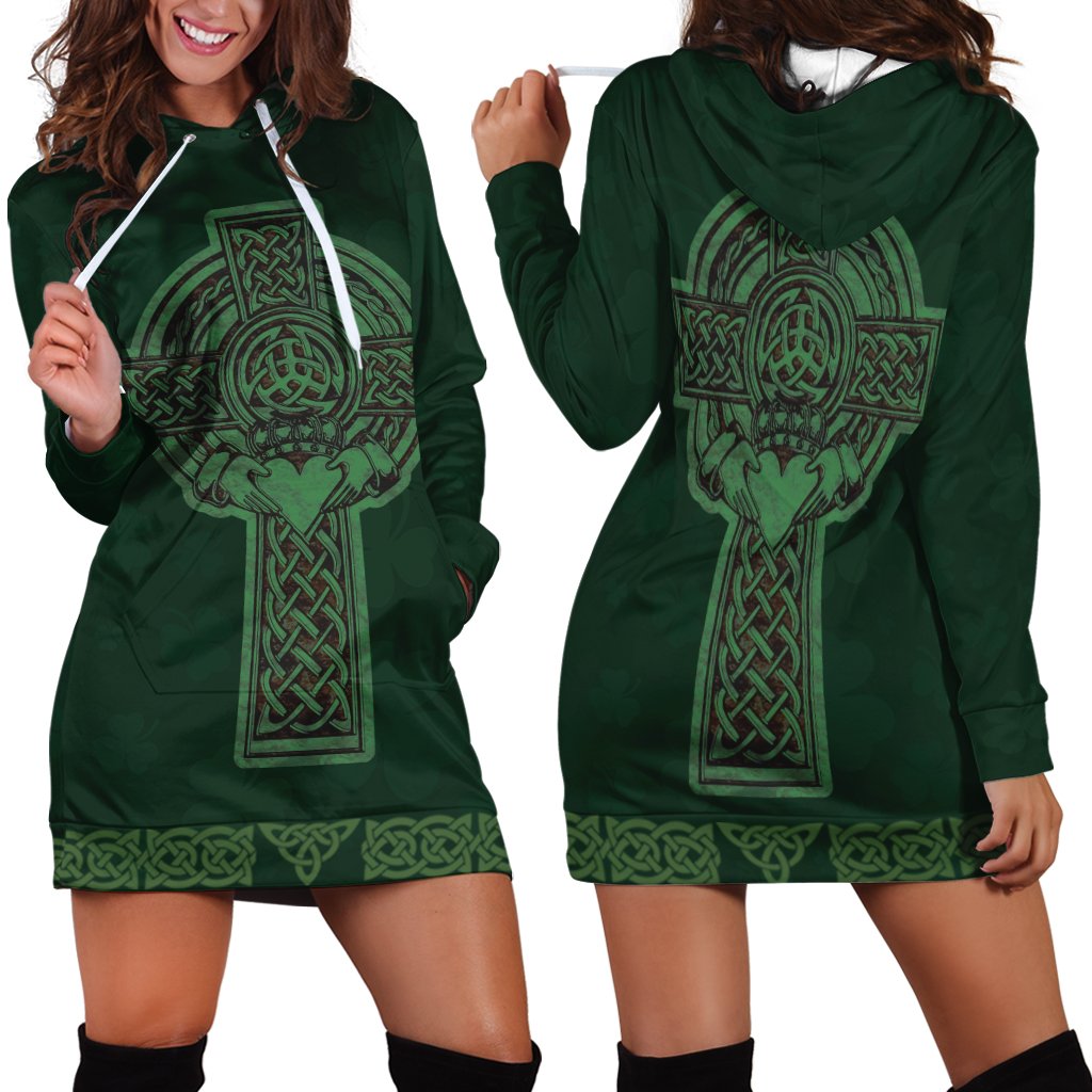 Celtic Ireland Hoodie Dress - Irish Cross with Celtic Knot and Claddagh Ring - Vibe Hoodie Shop