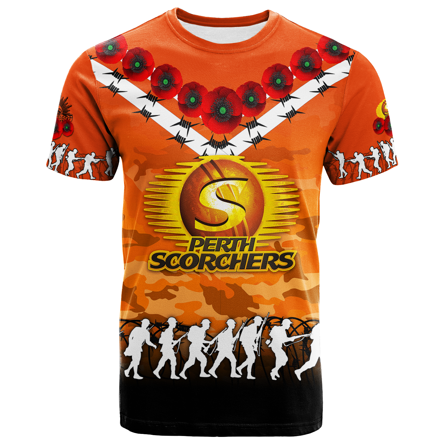 (Custom Personalised) Perth Scorchers ANZAC 2022 T shirt Camouflage With Poppy - - Vibe Hoodie Shop