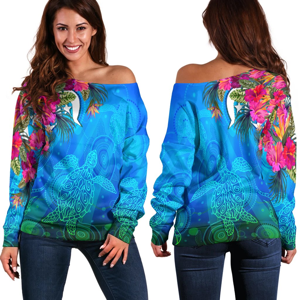 Women Off Shoulder - Torres Strait Blue Sea With Hibiscus - Vibe Hoodie Shop