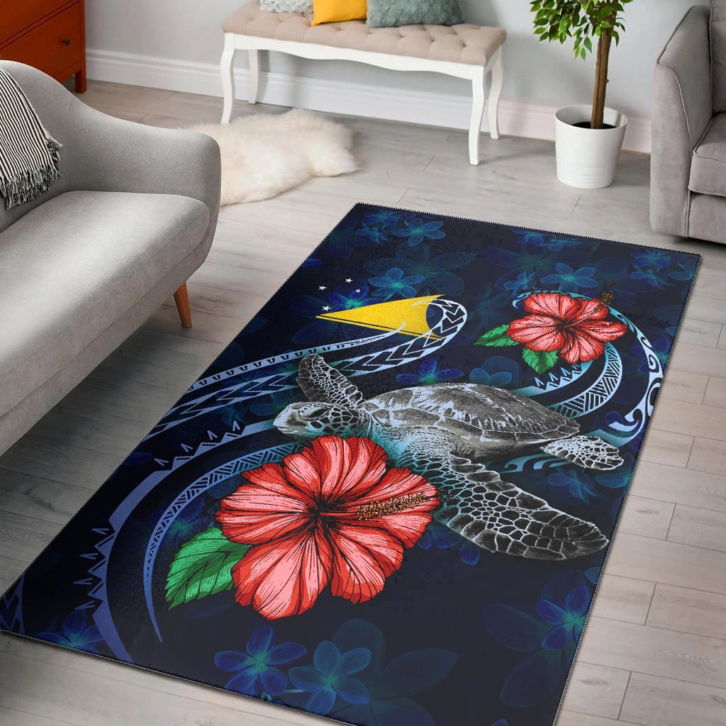 Tokelau Polynesian Area Rug - Blue Turtle Hibiscus - Vibe Hoodie Shop