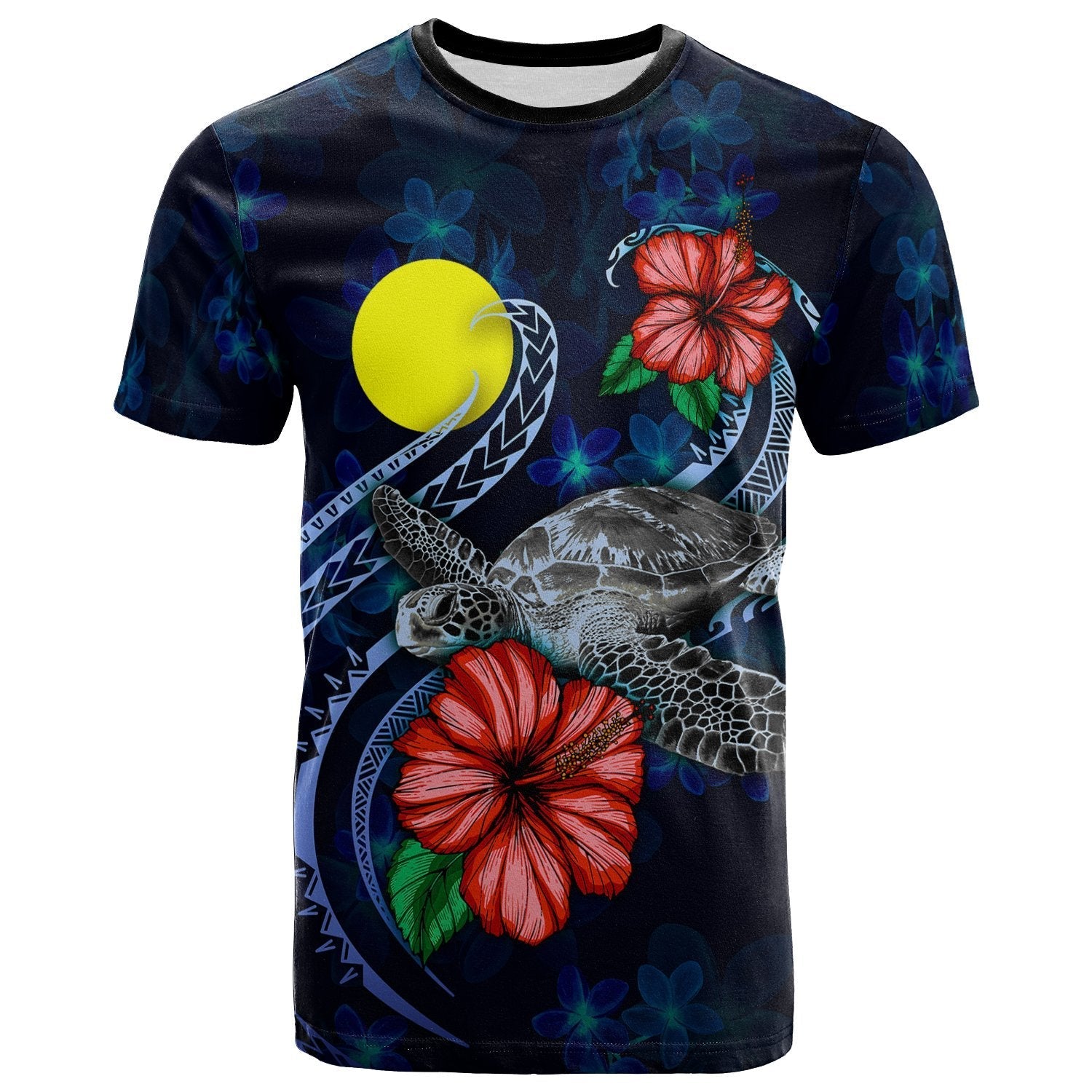 Palau Polynesian T shirt - Blue Turtle Hibiscus - Vibe Hoodie Shop