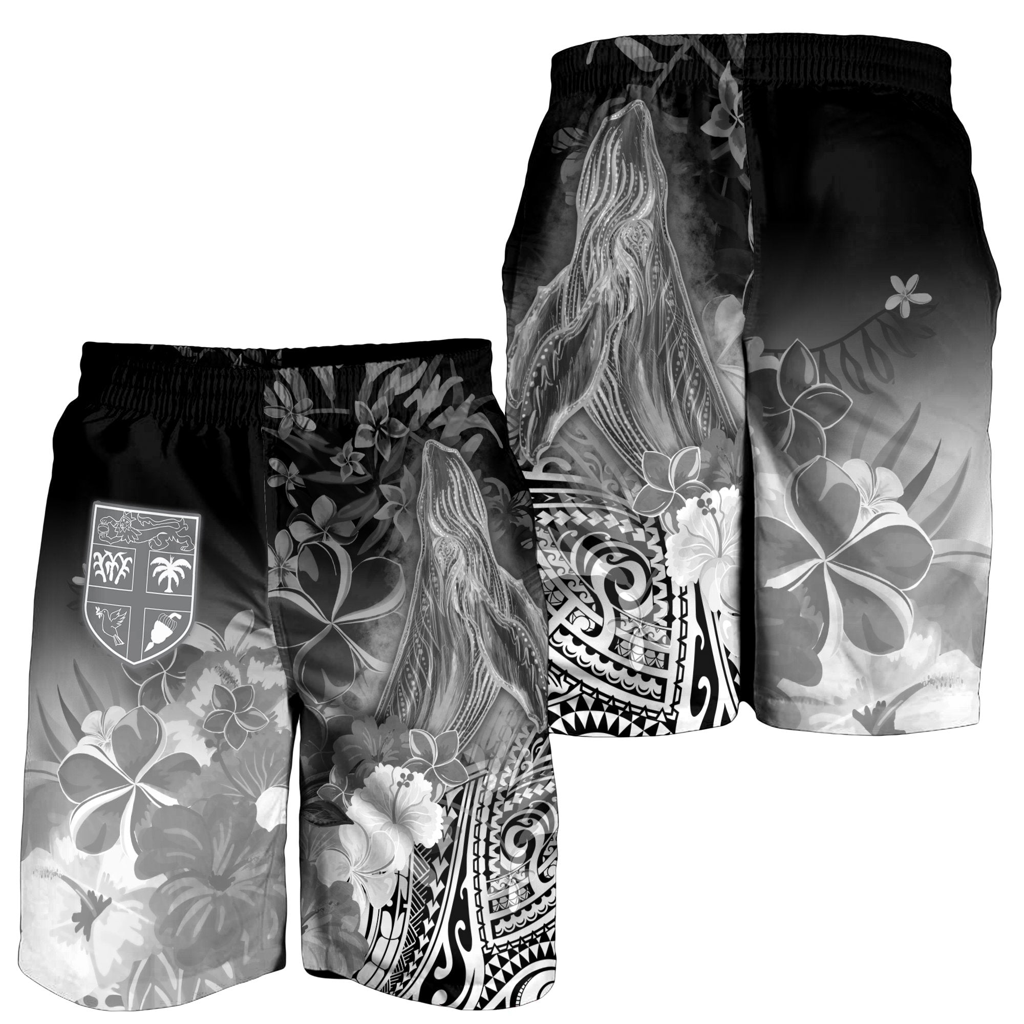 Fiji Men's Shorts - Humpback Whale with Tropical Flowers (White) - Vibe Hoodie Shop