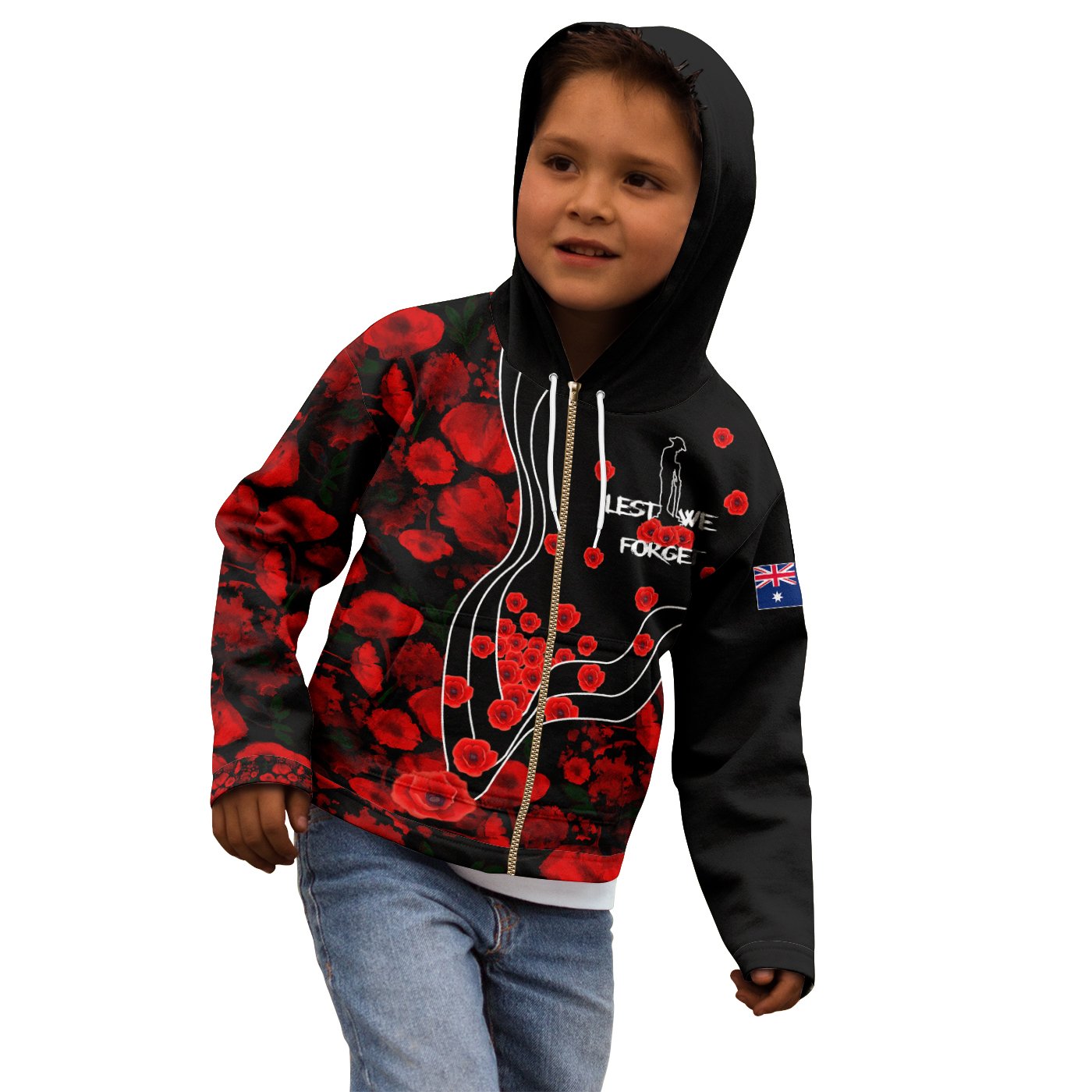 ANZAC Lest We Forget Zip - Up Hoodie Kid - Poppy Flowers - Vibe Hoodie Shop