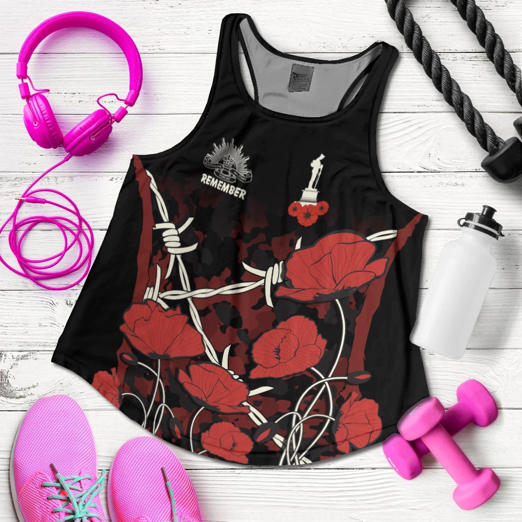 ANZAC Women's Racerback Tank - ANZAC with Remembrance Poppy Flower Ver2 - Vibe Hoodie Shop