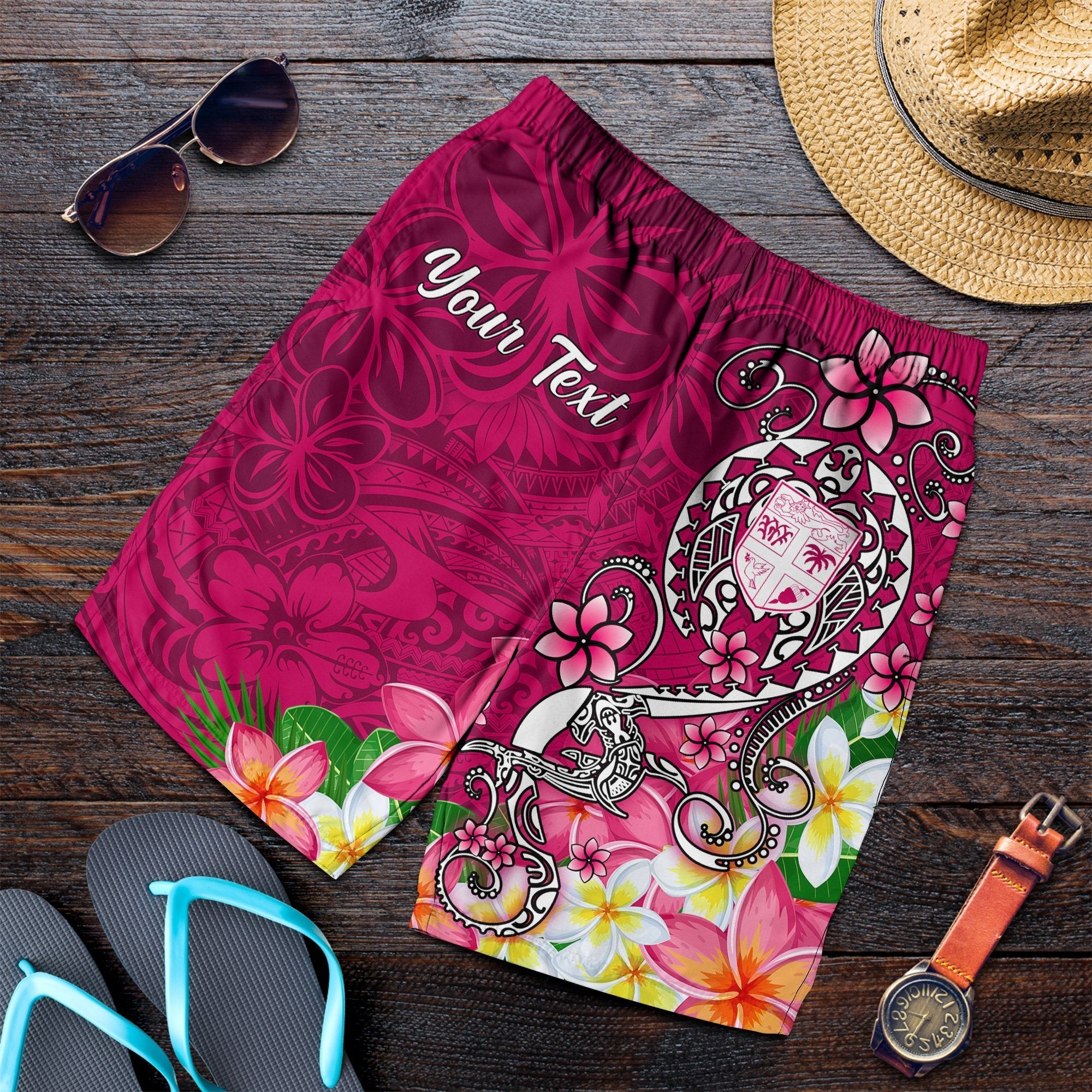 Fiji Custom Personalised Men's Shorts - Turtle Plumeria (Pink) - Vibe Hoodie Shop